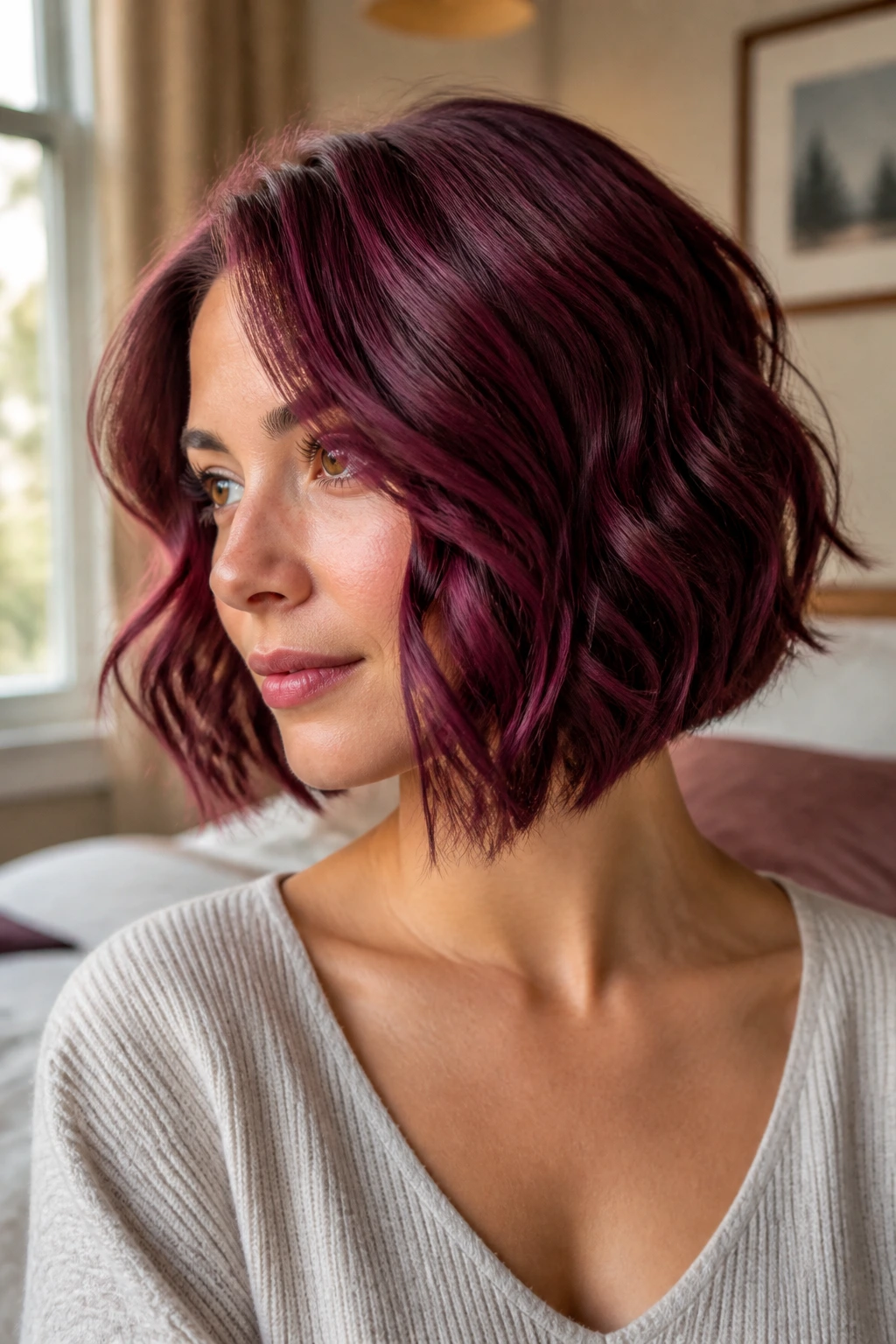 Portrait of a woman with deep berry wavy bob.