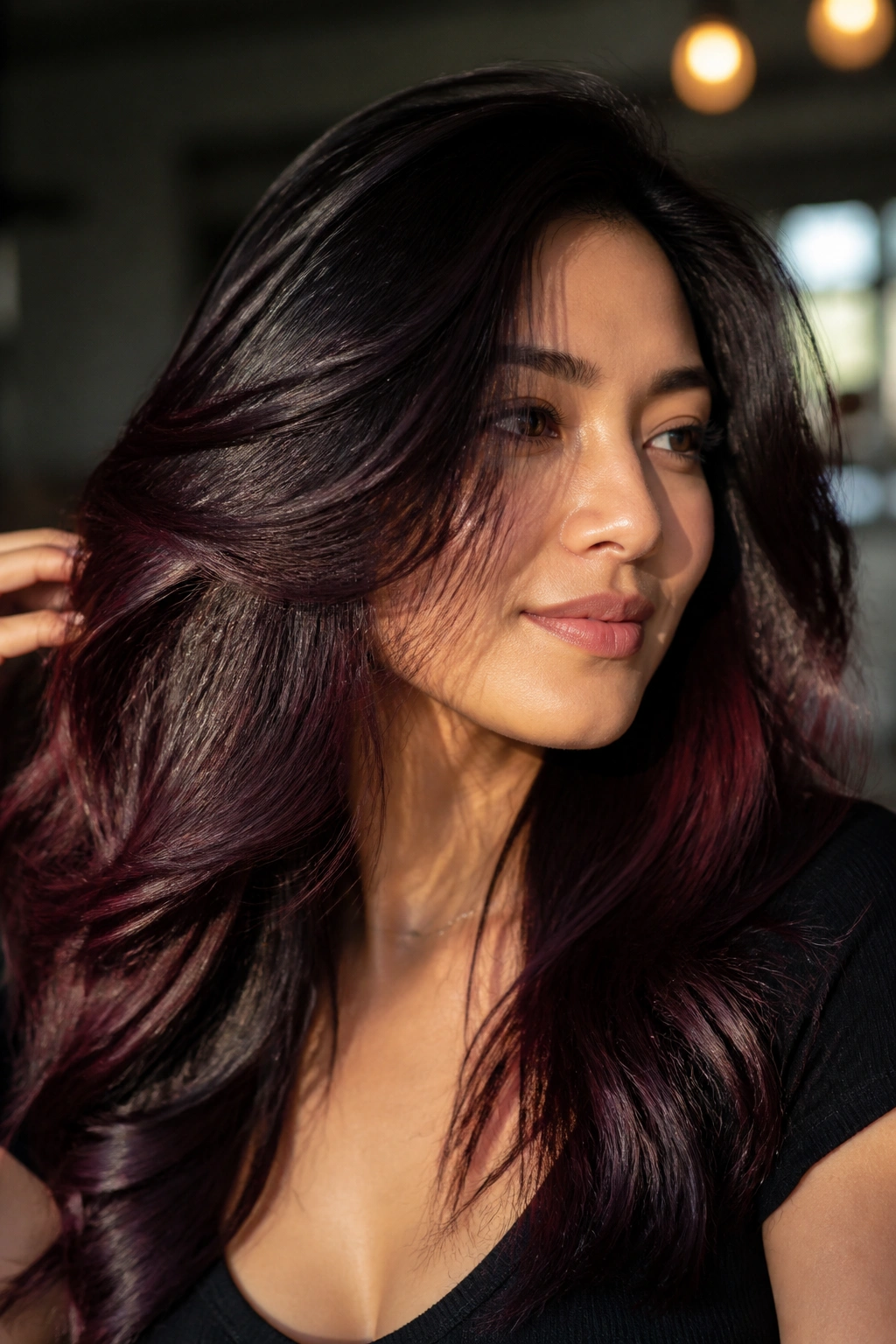 Close-up of natural black hair with deep black cherry tones in sunlight