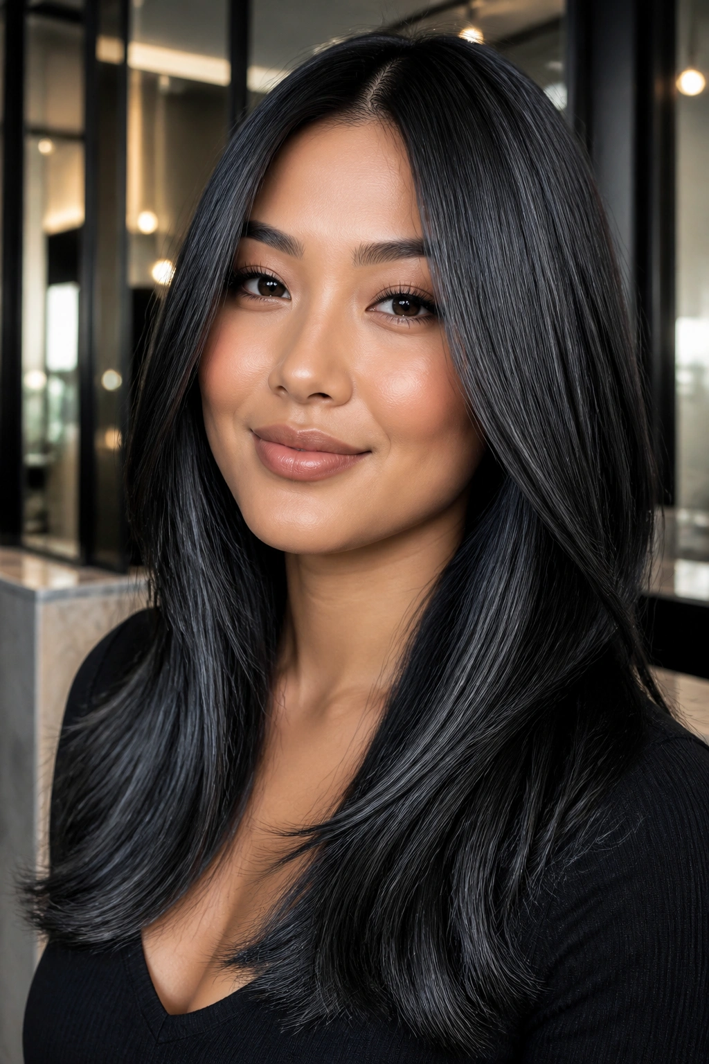 Close-up of a real person with deep black hair and gunmetal glaze.