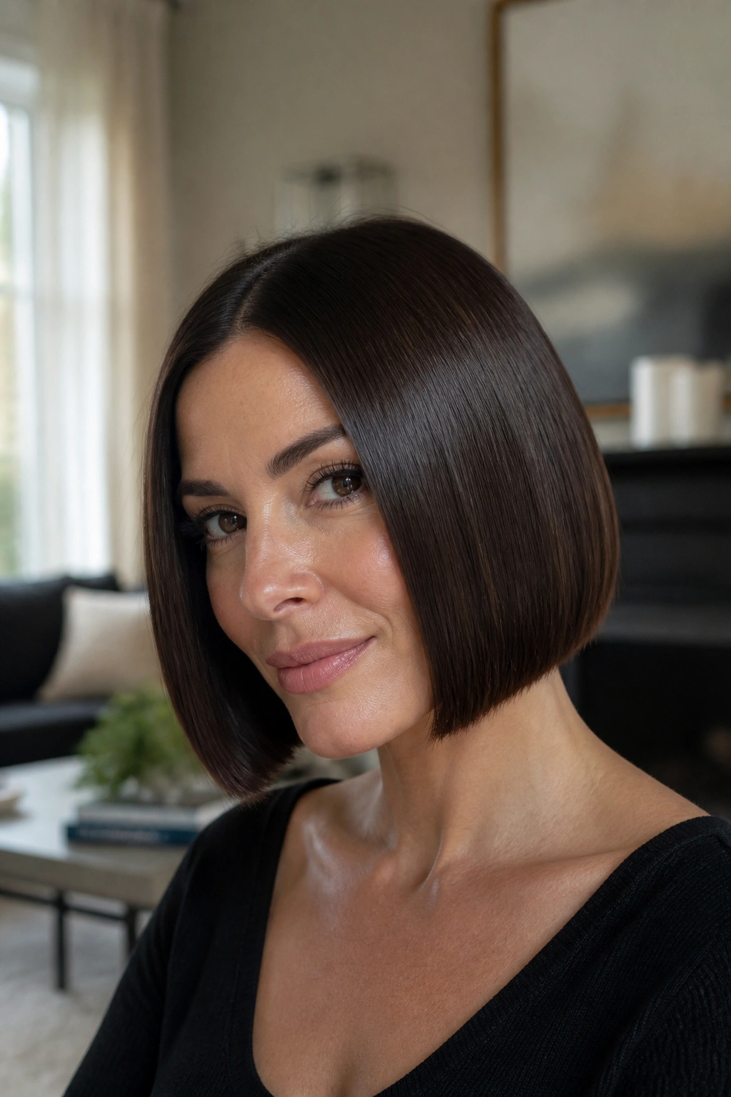 Real woman with a deep brown blunt bob and glossy finish in natural light.