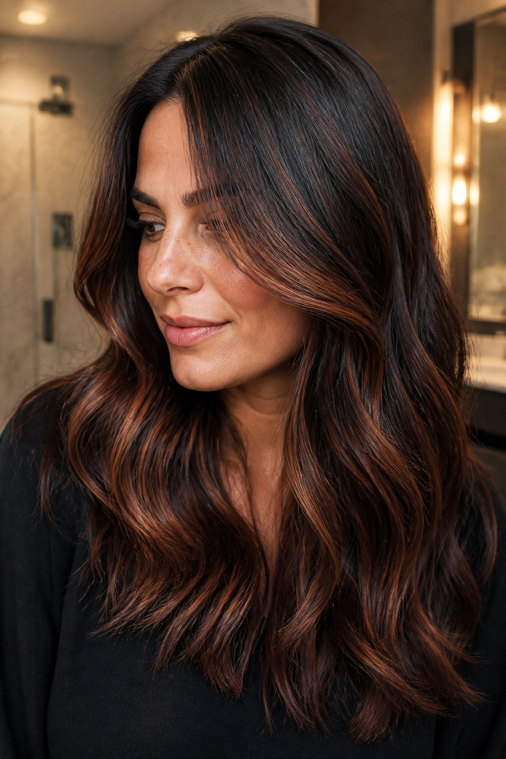 Close-up of a real person with deep brown hair and a copper veil of highlights.