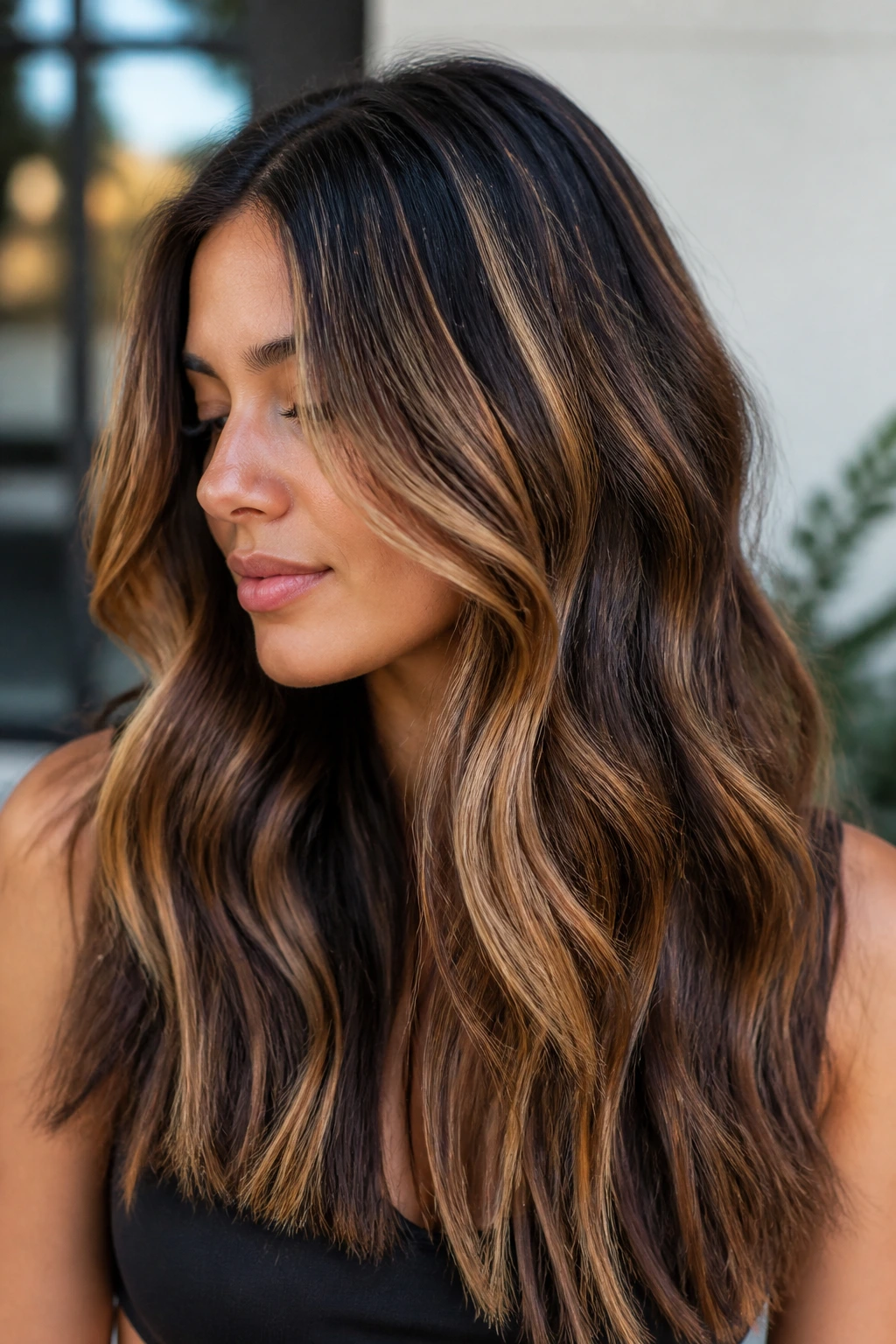 Real woman with deep brown hair and high-contrast honey streaks