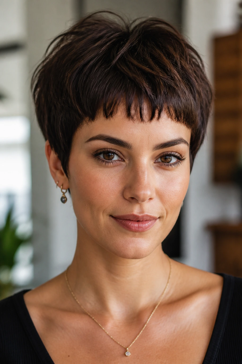 Portrait of a woman with deep brown layered crop and micro bangs