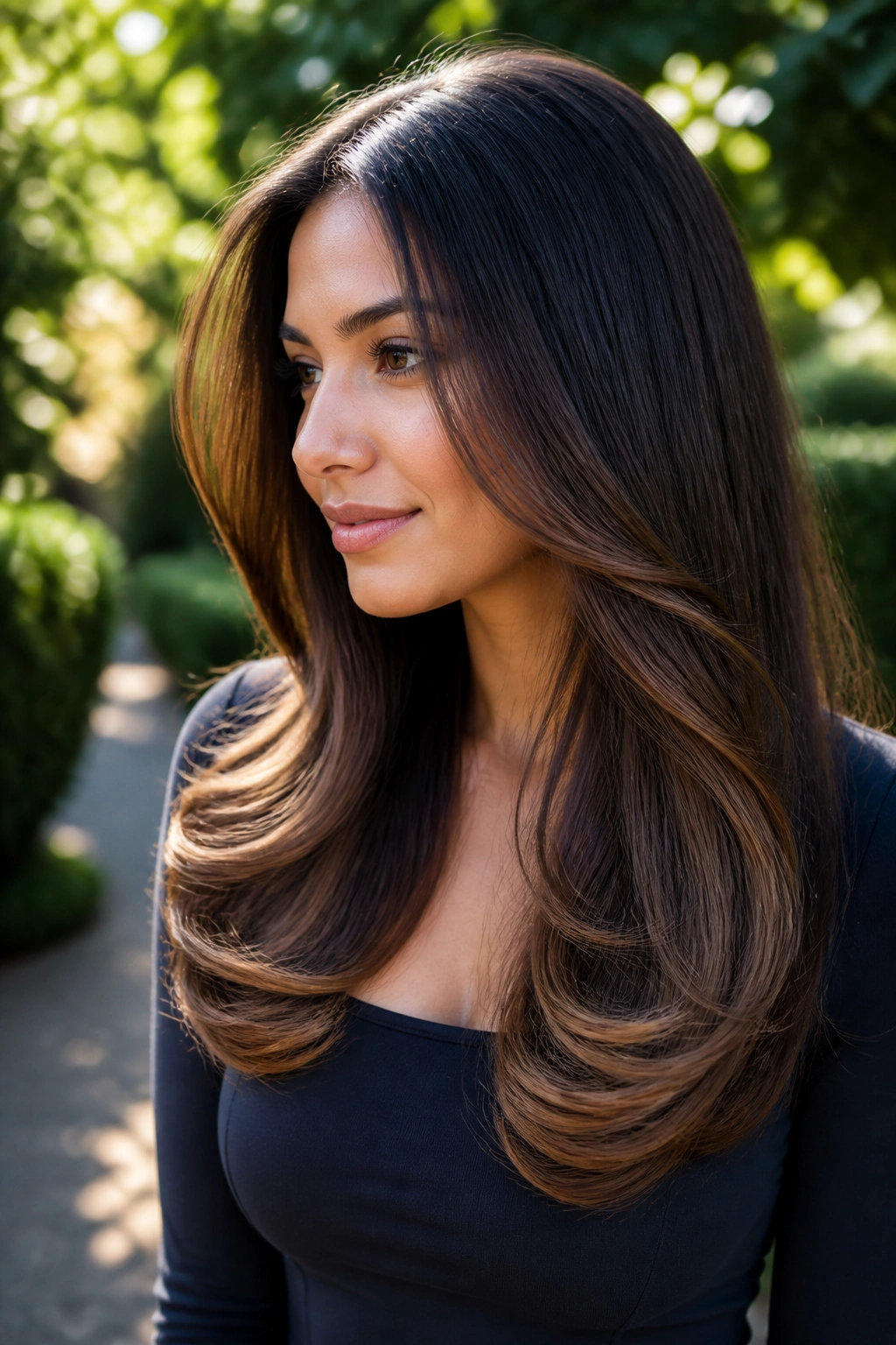 Close-up of deep brown ombré with curled ends on a real woman in outdoor sunlight