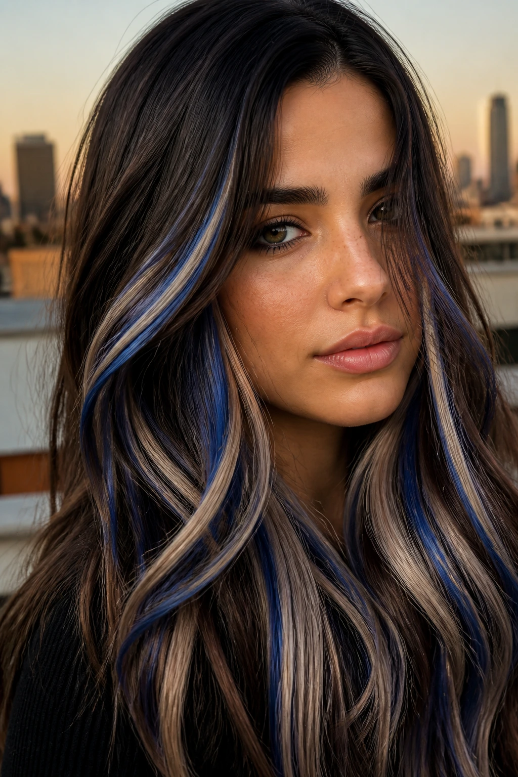 Close-up of a real woman with deep brown hair featuring pearl blonde and cobalt contrast