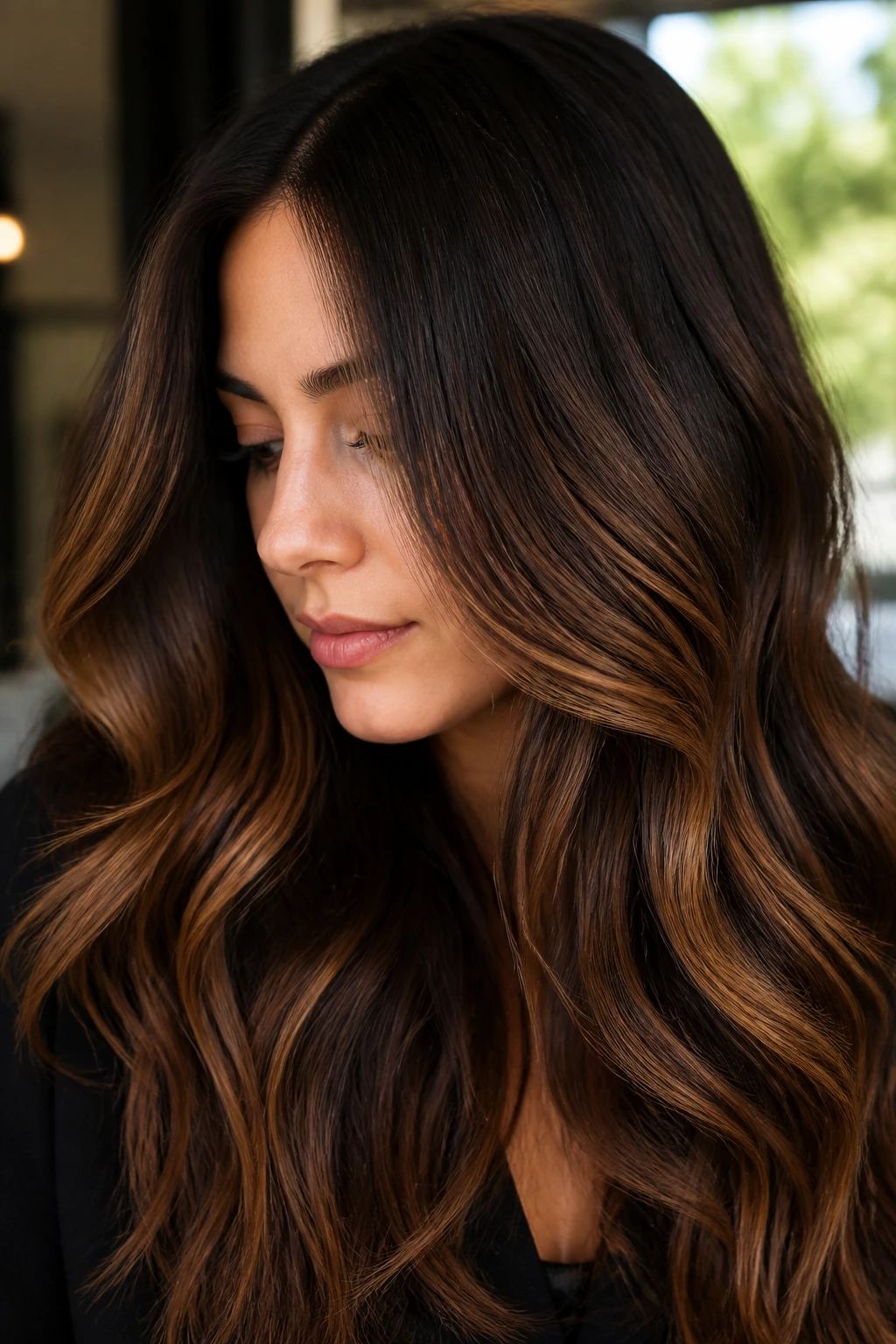 Portrait of deep brown hair blended with warm walnut and caramel tones