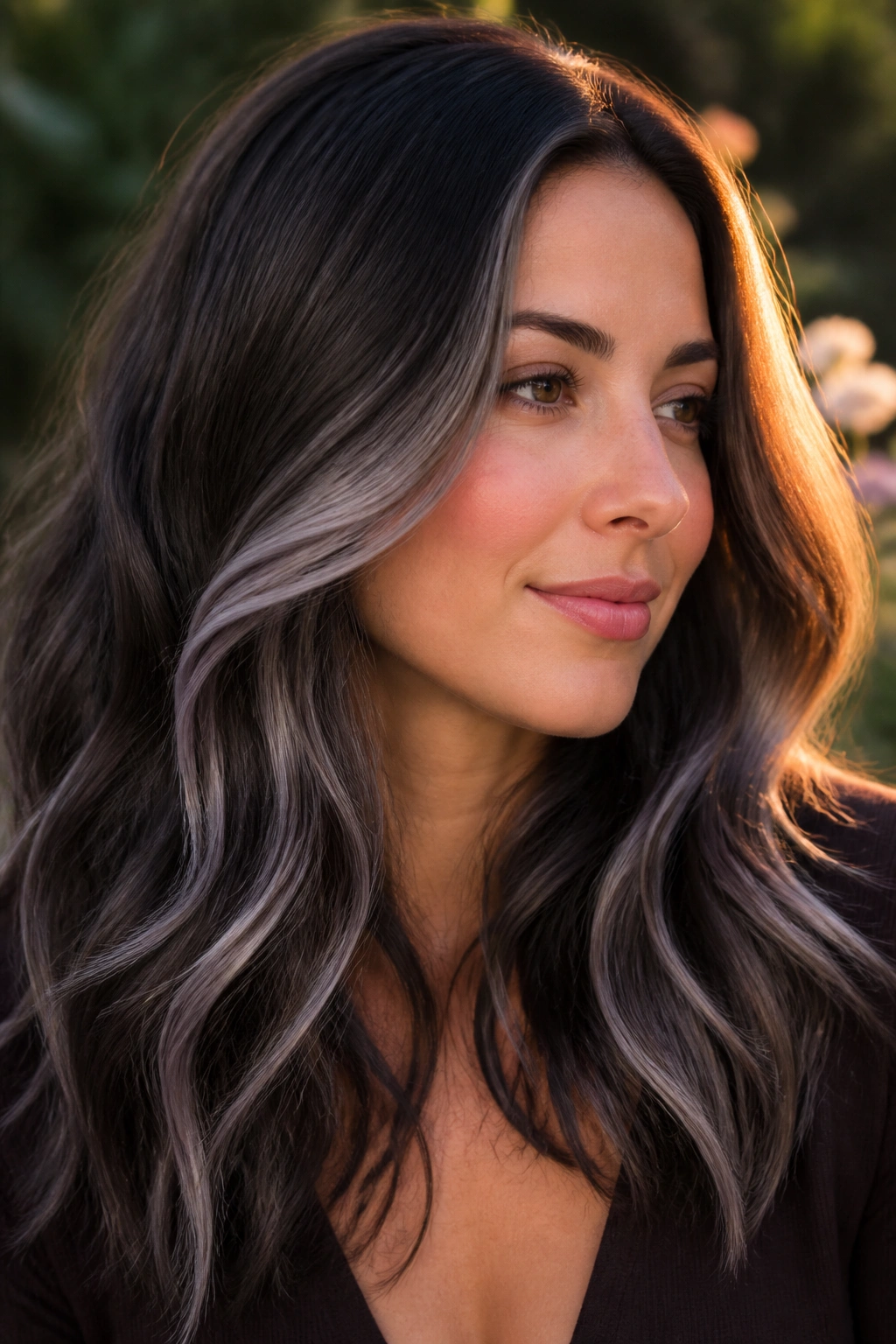 Portrait of a real woman with deep brown waves and a silver halo around the face.