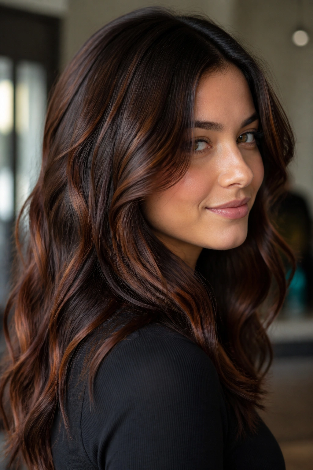 Real person with deep brunette base and copper lowlights for dimensional depth