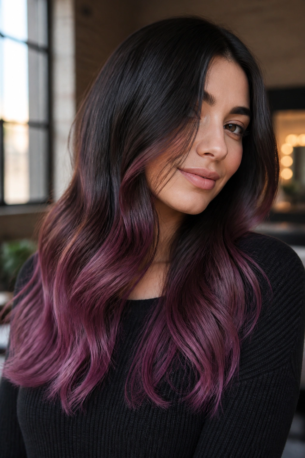 Close-up of deep brunette hair with plum-pink melt at the ends on a real person