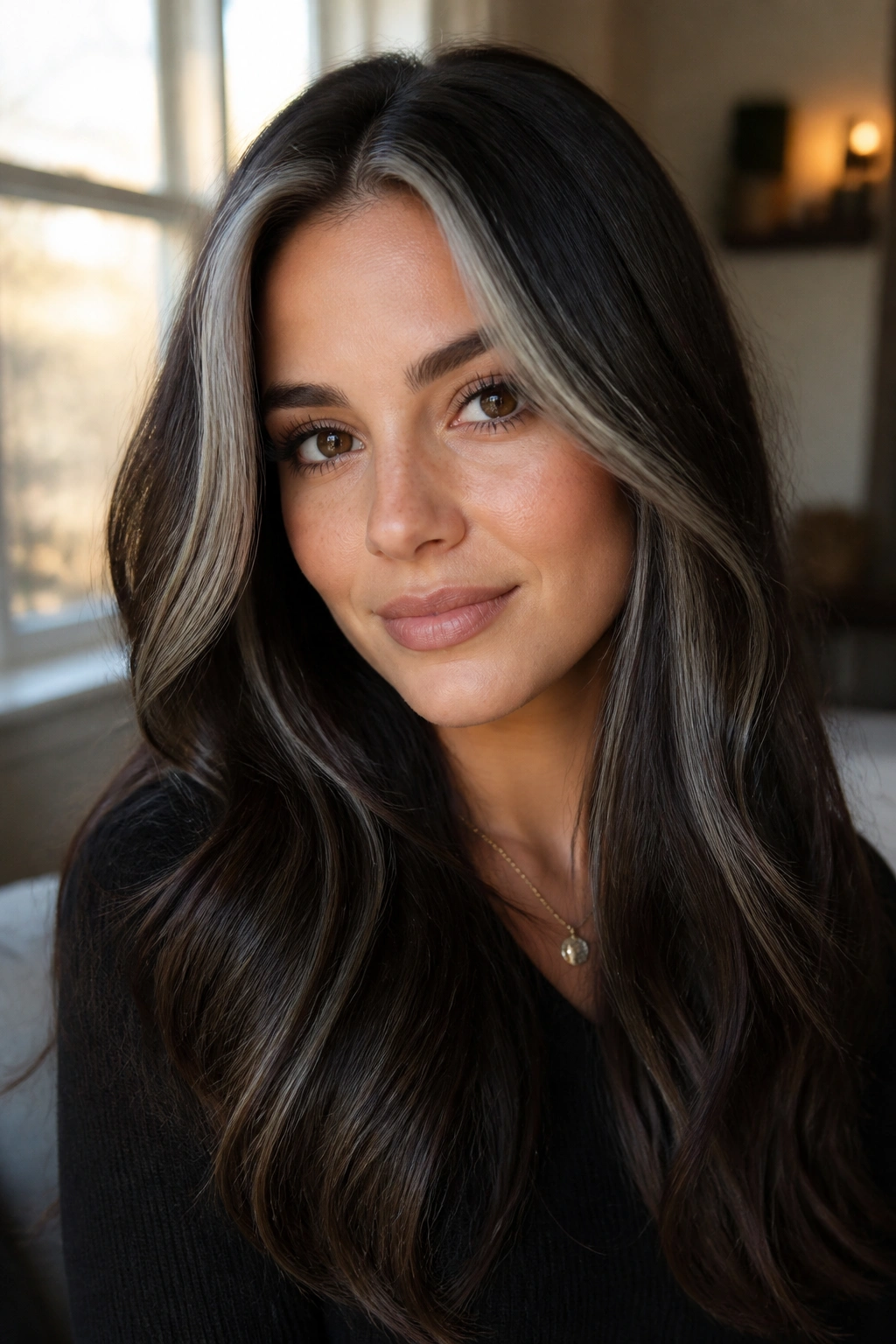 Close-up of a real woman with deep brunette hair and a slim silver halo around the temples.