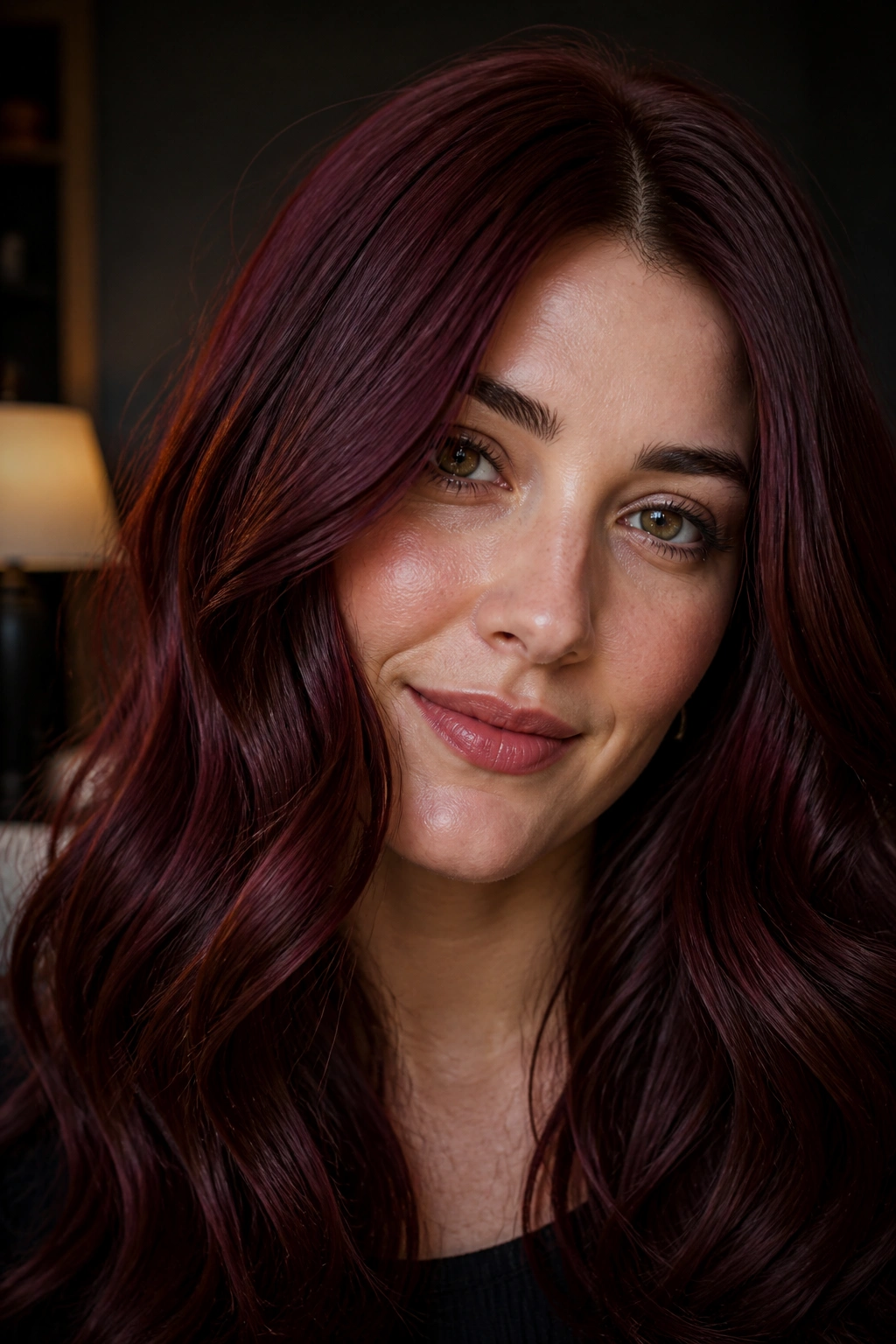 Close-up portrait of a real person with deep burgundy copper hair
