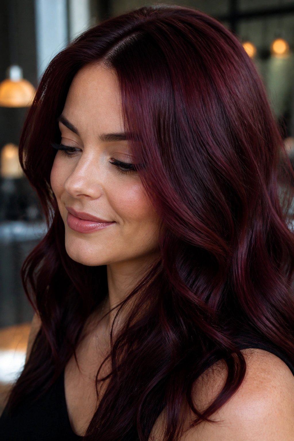 Close-up of deep burgundy hair color on a real person