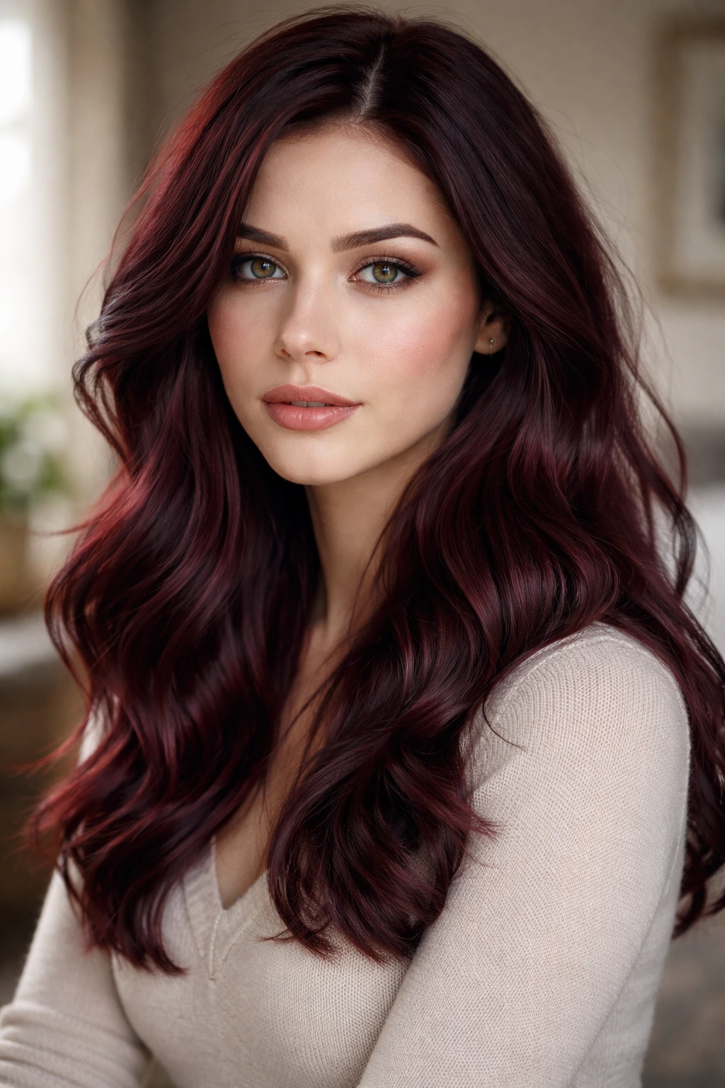 Close-up portrait of a woman with deep burgundy hair flattering cool skin tones
