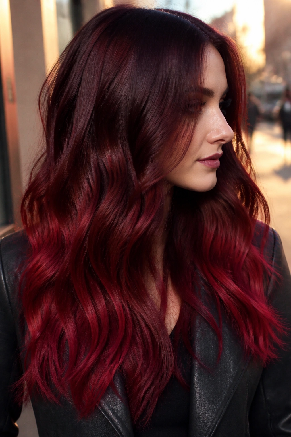 Long hair with deep burgundy roots and cherry ends