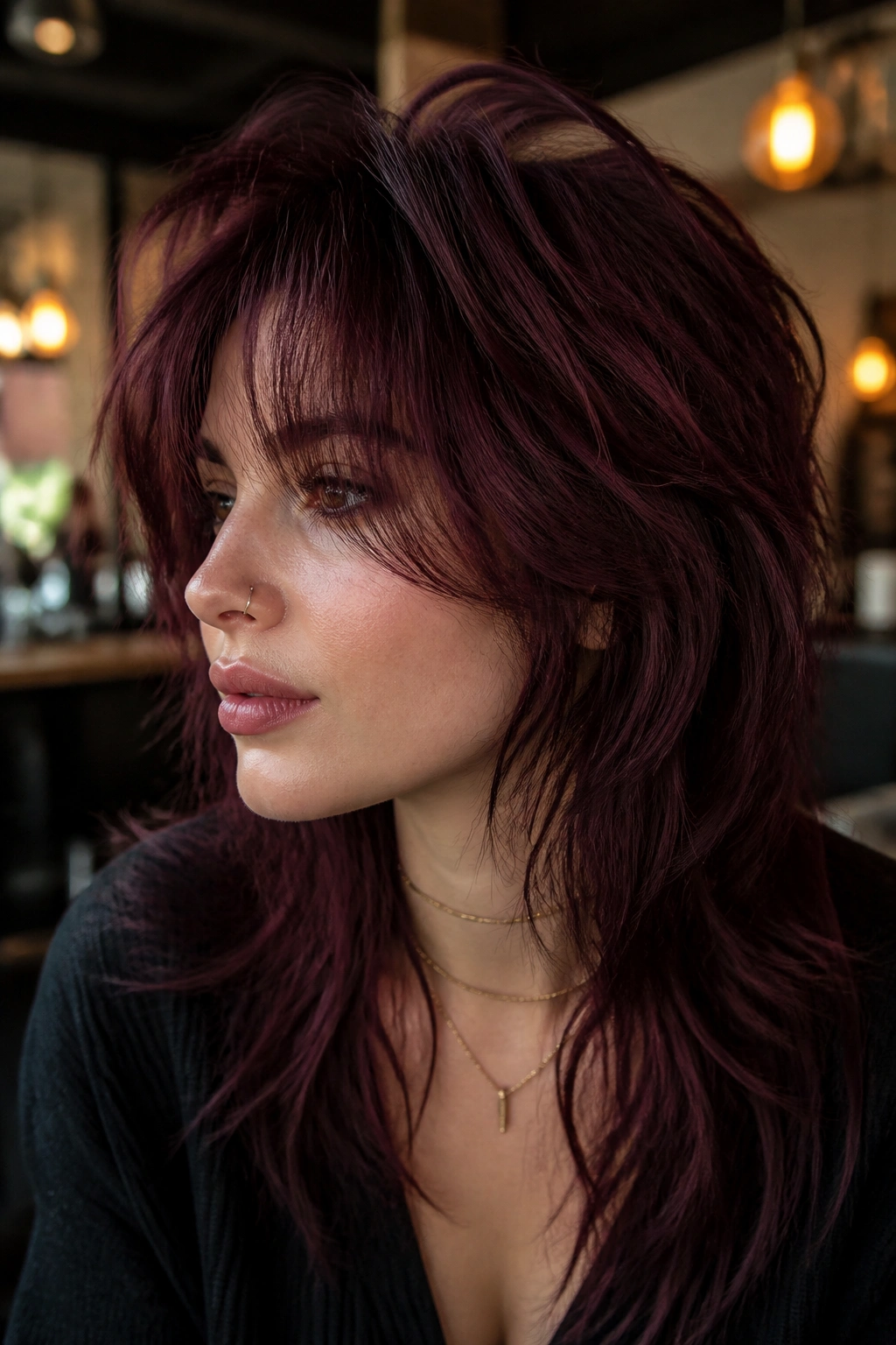 Portrait of a real person with a Deep Burgundy Wolf Cut in warm light