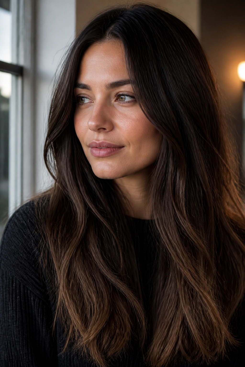 Close-up portrait of deep cacao hair with a shadow root and caramel ends on cool skin.