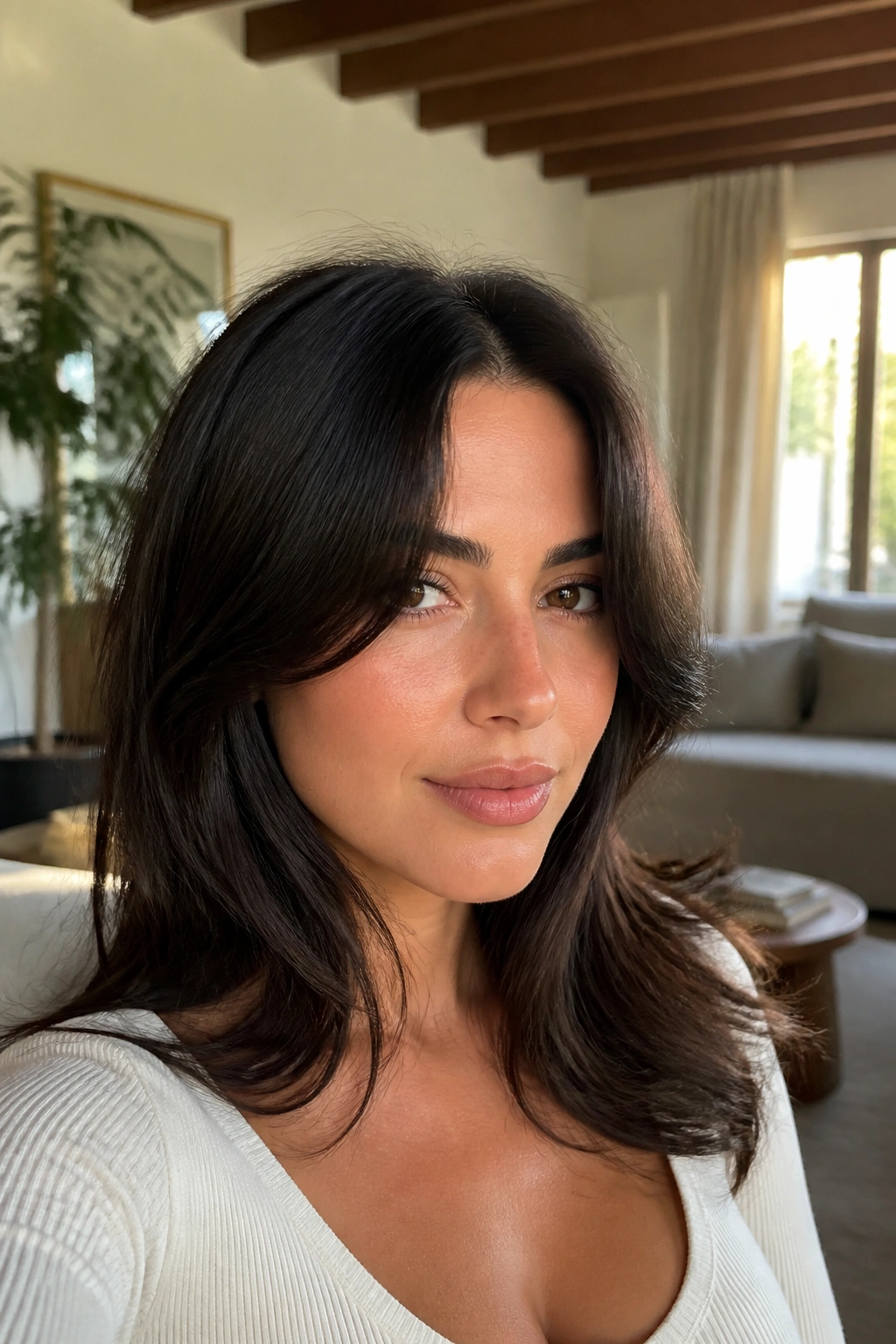 Close-up portrait of a real woman with deep center-part curtain bangs