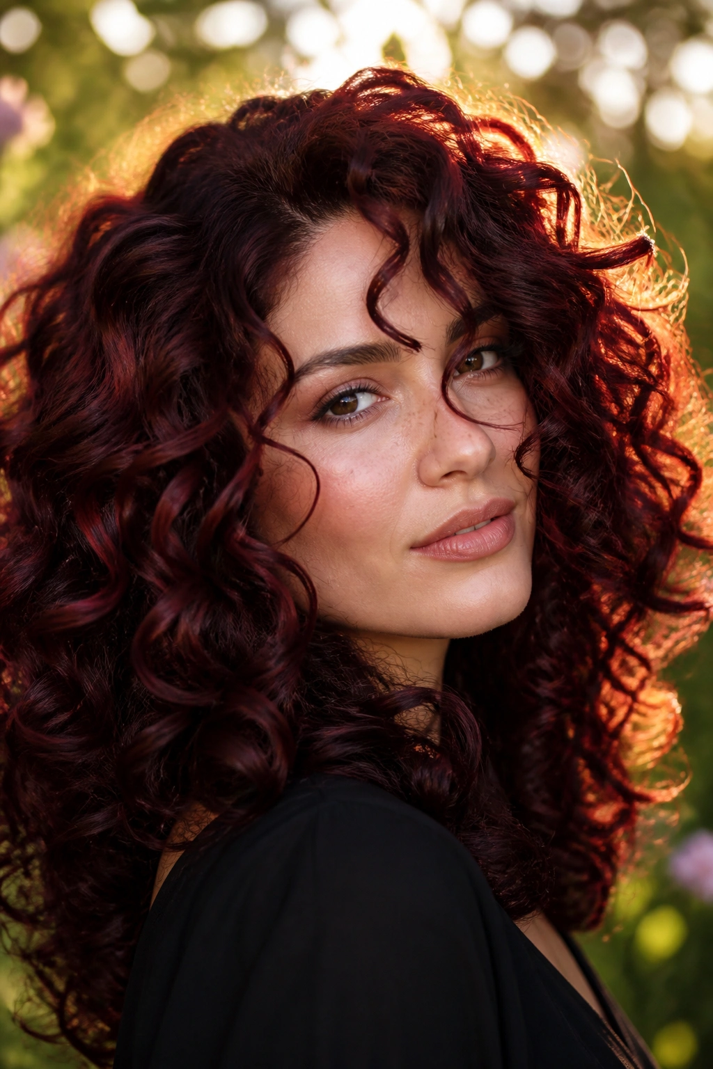 Close-up of a woman with deep cherry cola curls