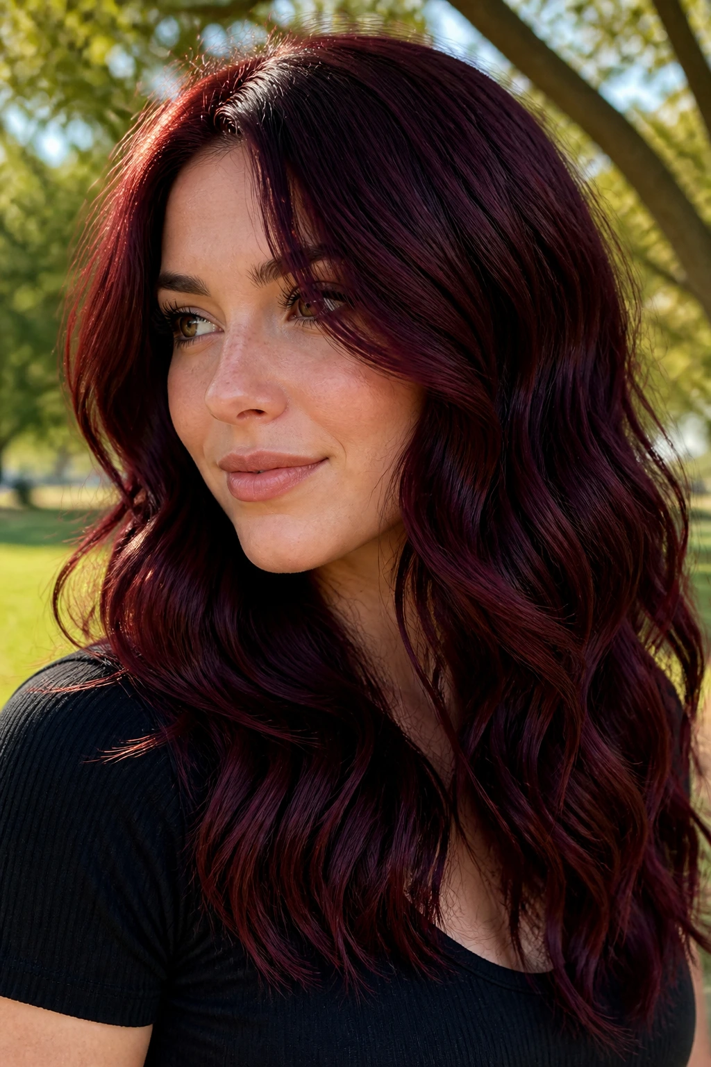 Close-up of a real woman with Deep Cherry Cola Waves in sunny park light