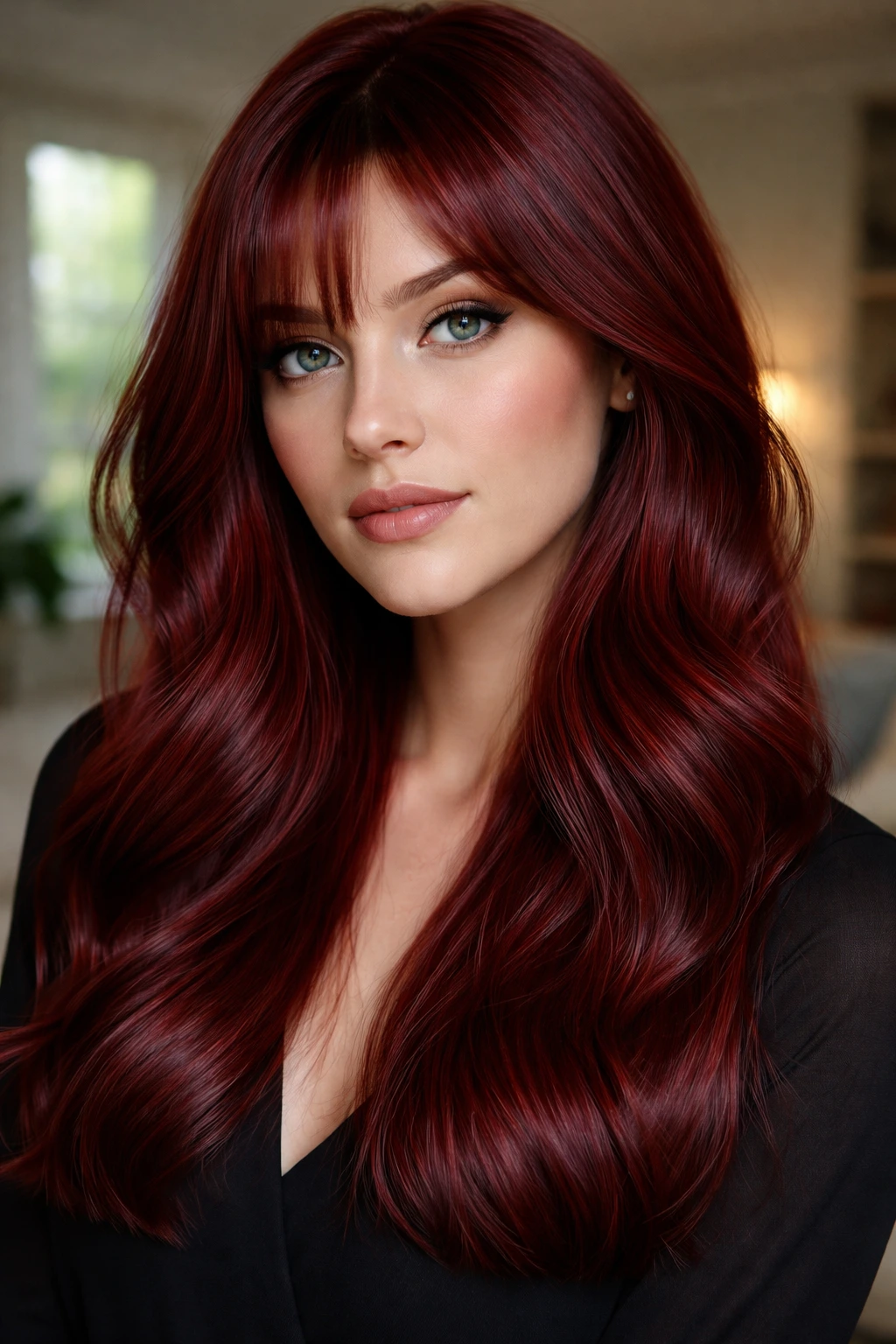 Close-up portrait of a woman with deep cherry copper hair in a softly lit indoor setting.