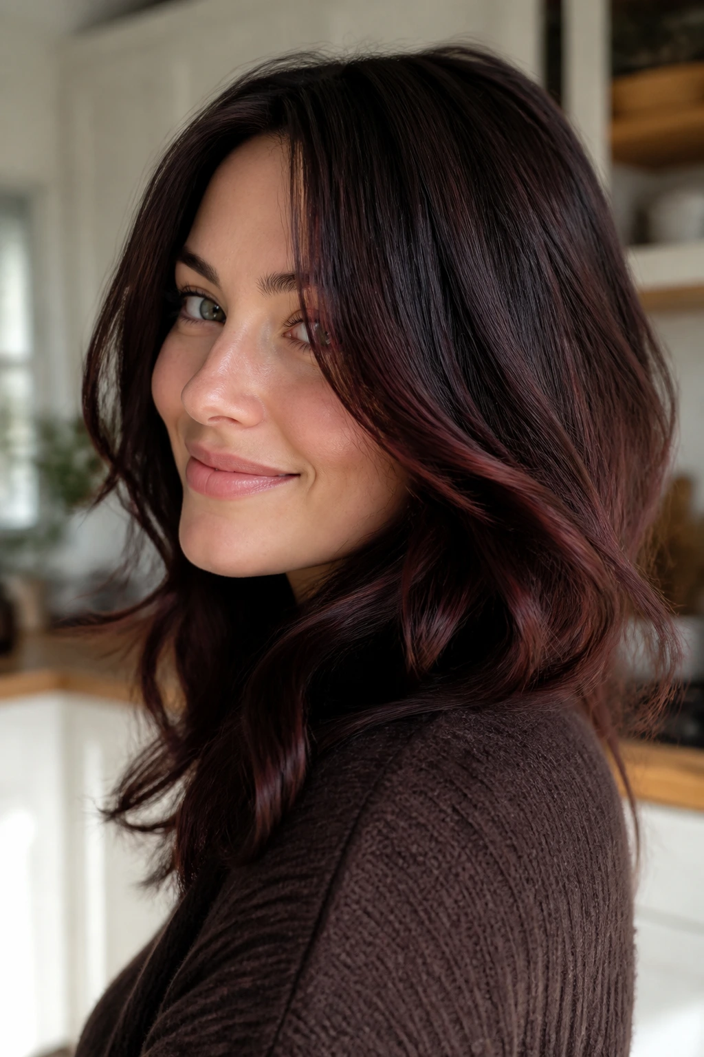 Close-up portrait of a real person with Deep Cherry Espresso hair catching sunlight