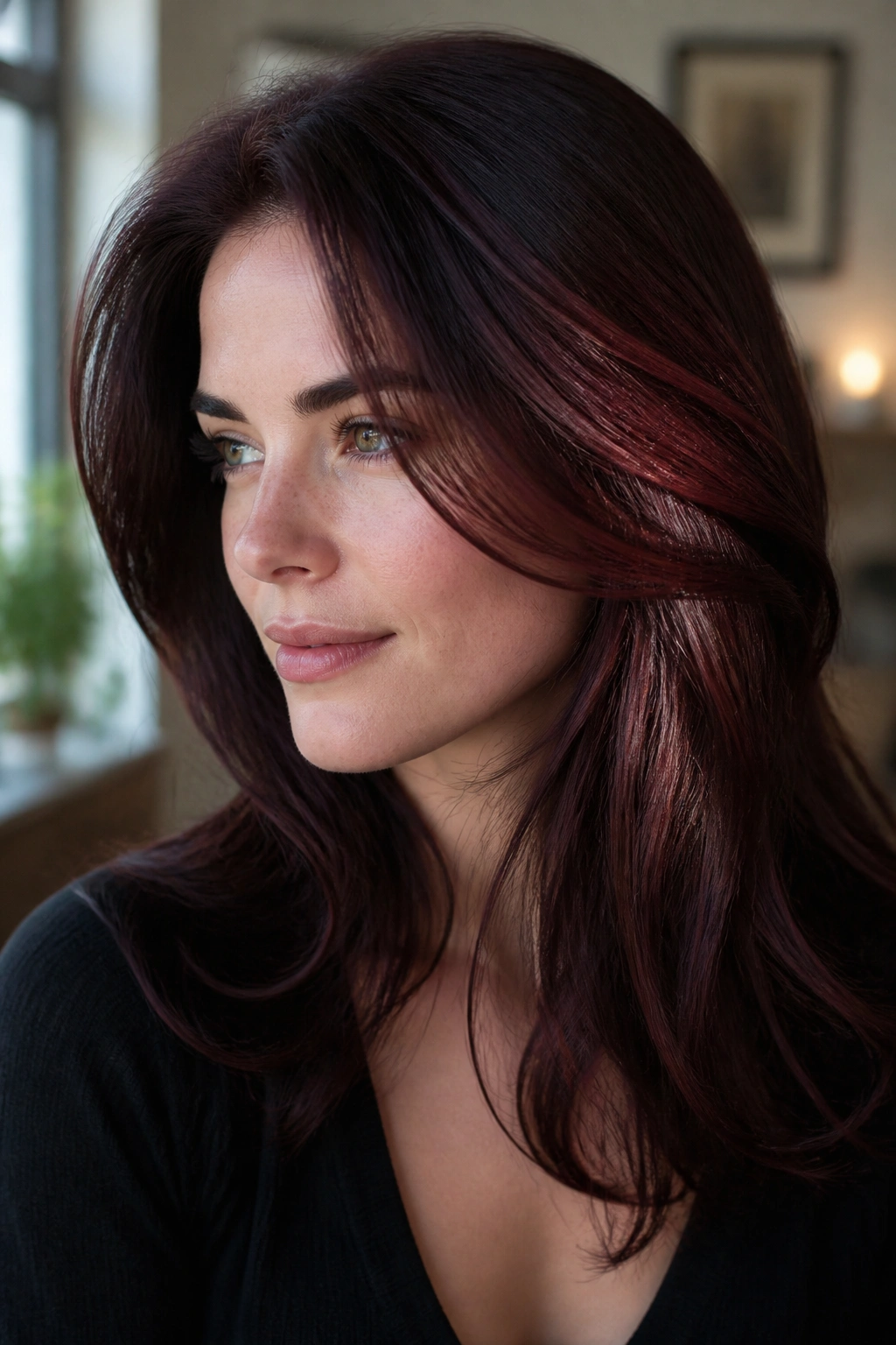 Close-up portrait of a real woman with deep cherry mocha hair on a dark brunette base, side-lit shine