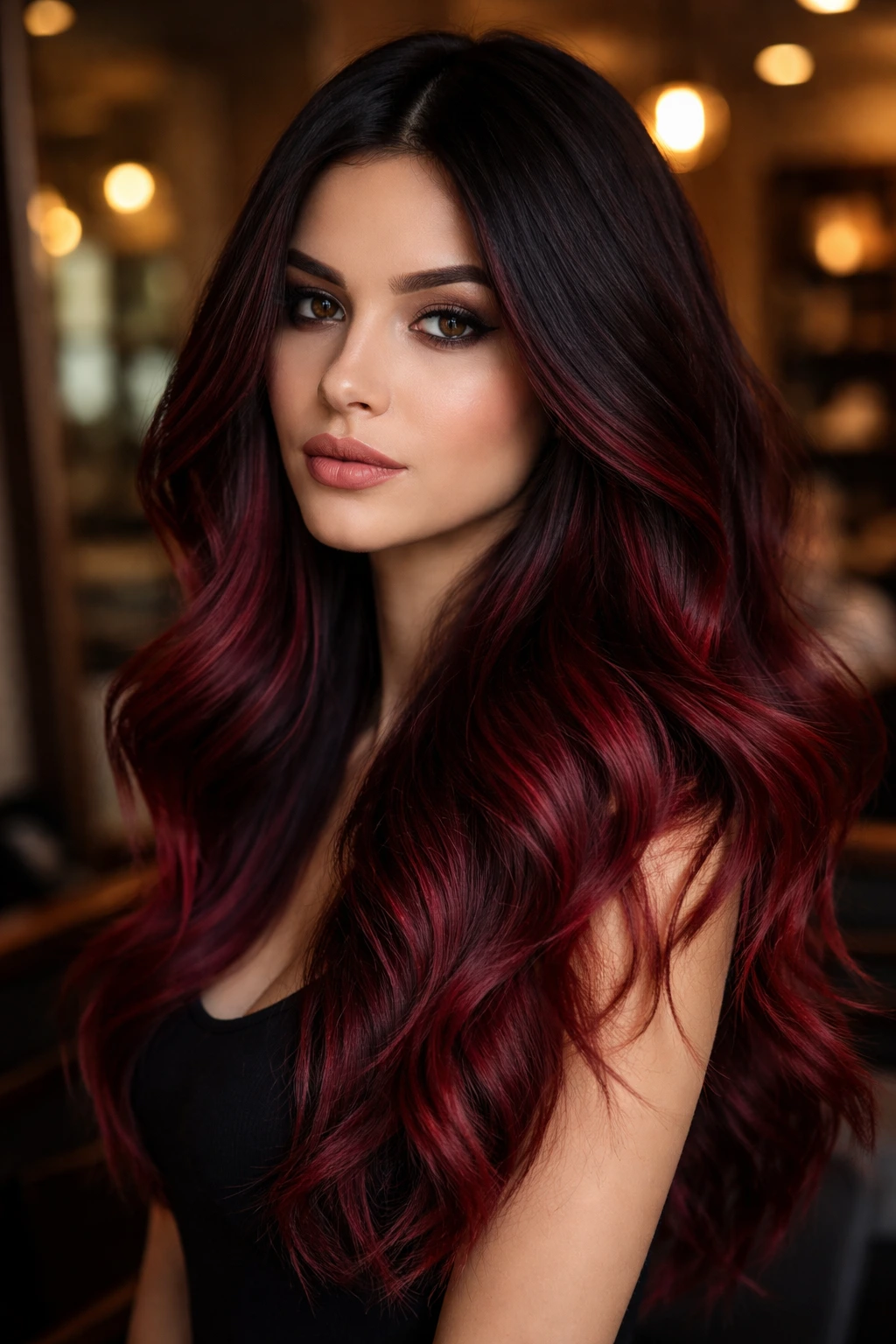 Close-up of a real person with deep cherry ombré hair in a moody salon