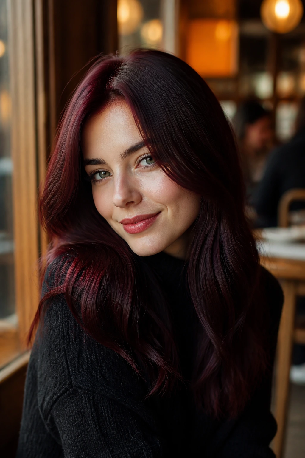 Close-up portrait of a person with deep blue-black cherry red hair in a cafe setting