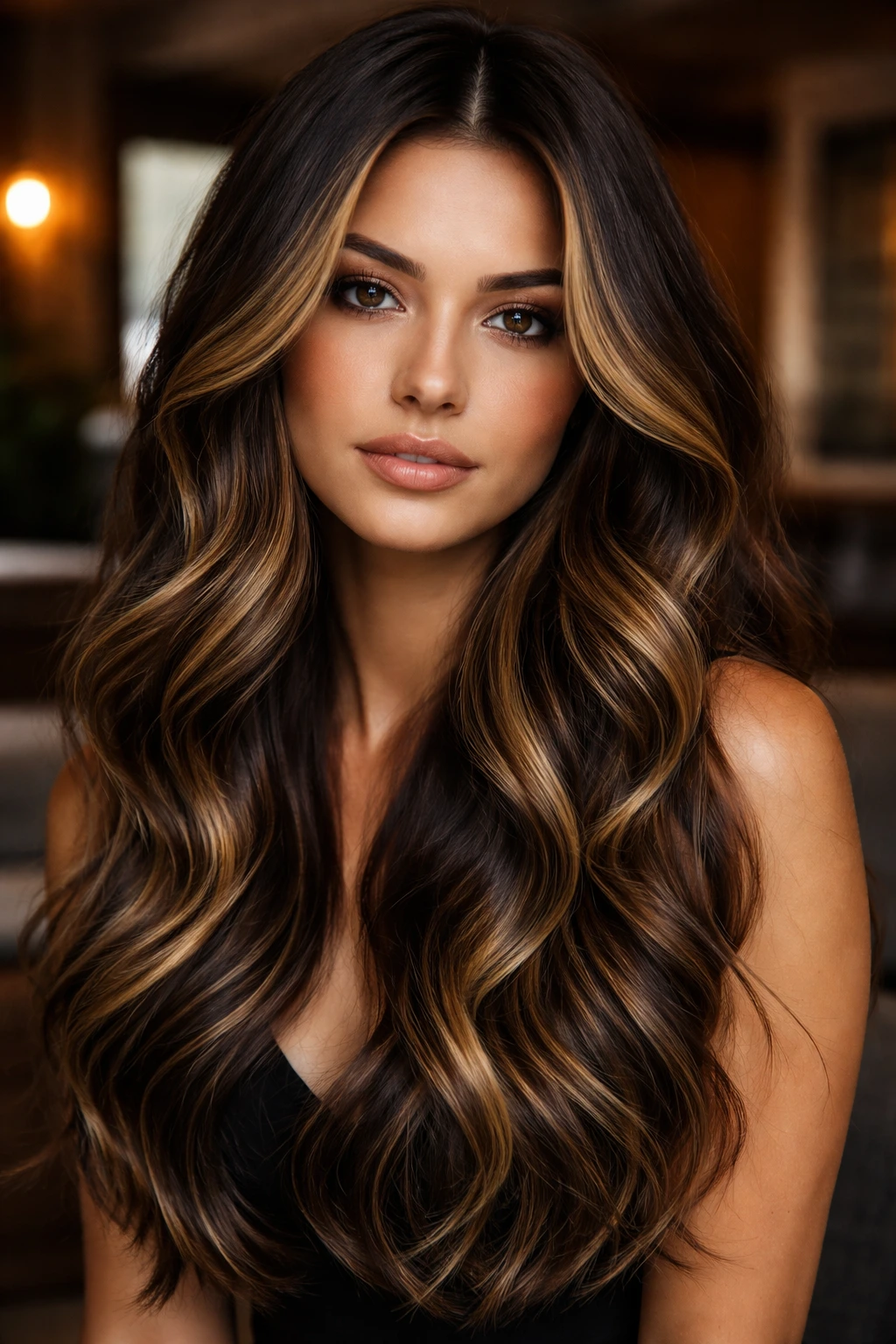 Close-up of dark chocolate hair with honey ribbons