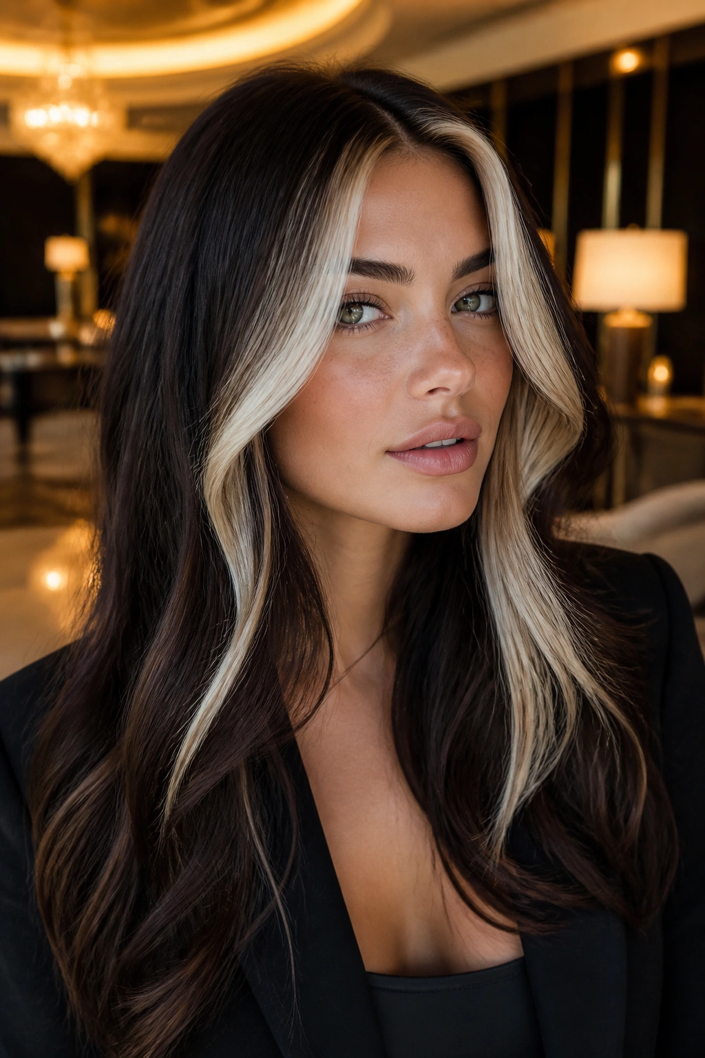Close-up of a woman with deep chocolate hair and platinum money piece