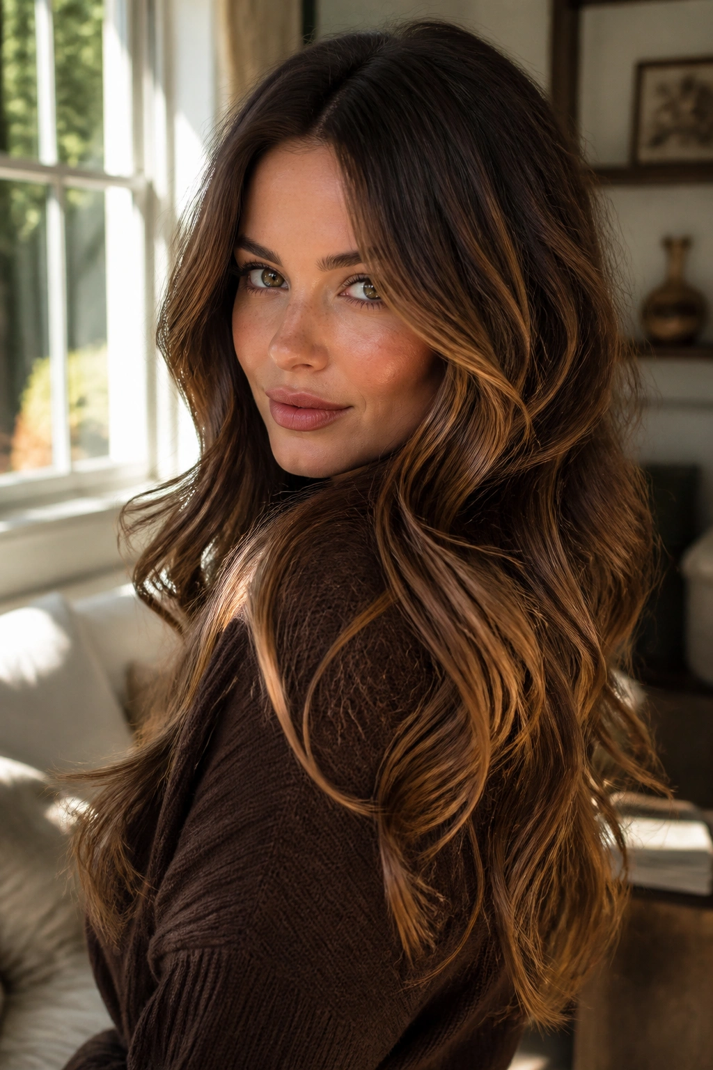 Close-up portrait of a real woman with deep cocoa brunette base and soft gold balayage