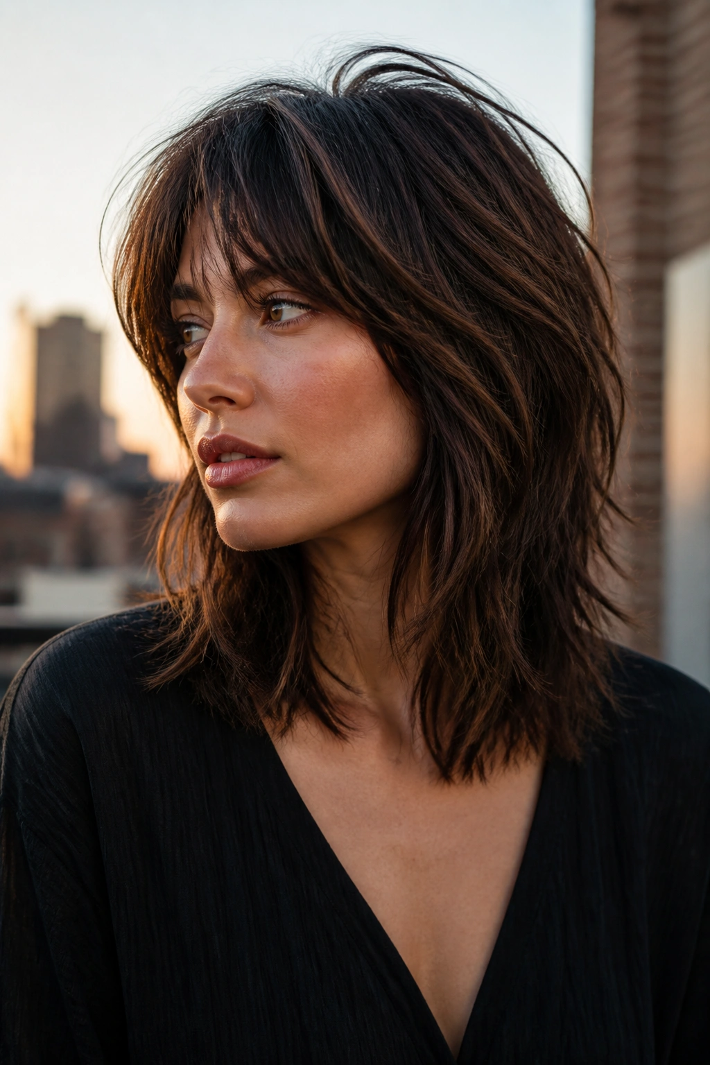 Person with deep cocoa balayage on shag hairstyle