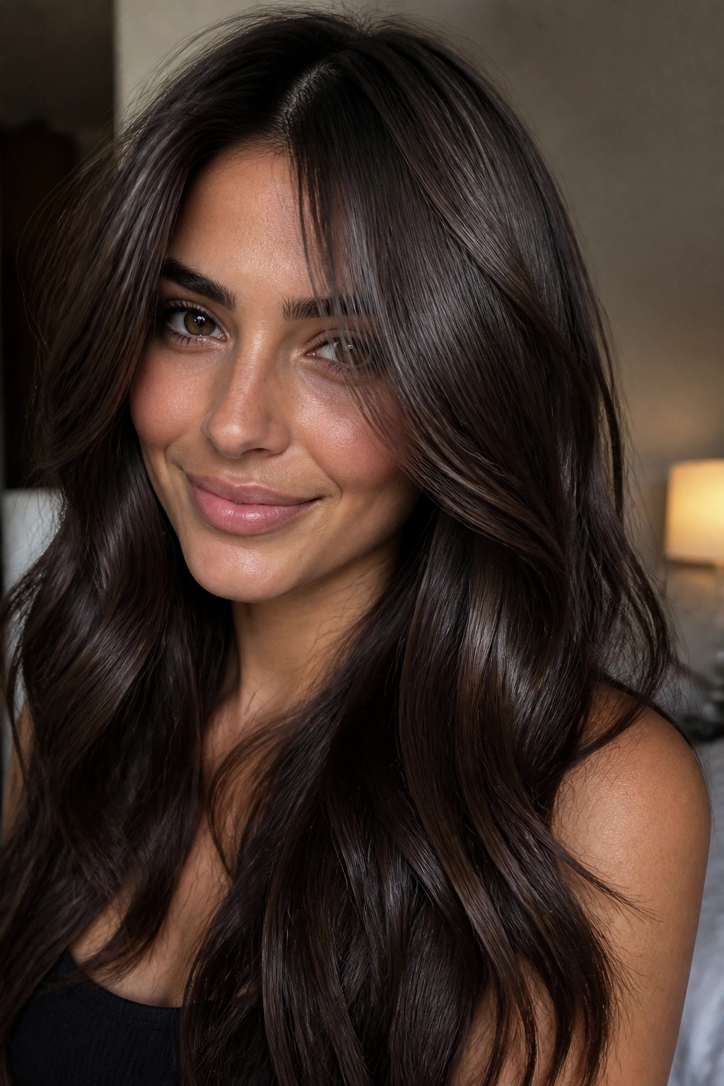 Close-up of a real woman with deep cocoa gloss on faded brunette hair
