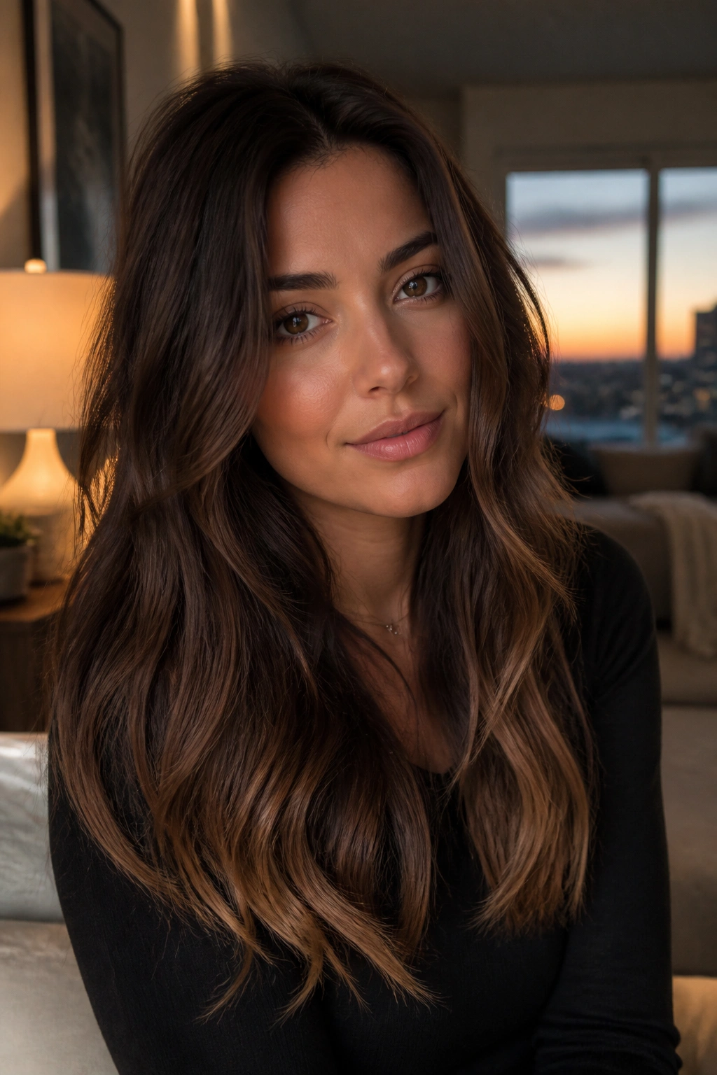 Real woman with deep cocoa hair and gold-dust ends, soft glow