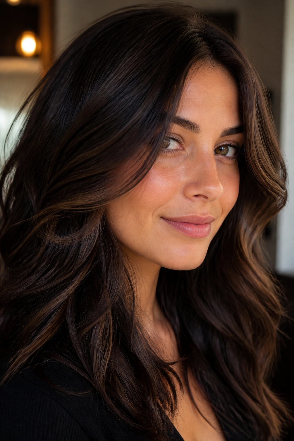 Close-up of a real person with deep coffee brown hair and micro highlights