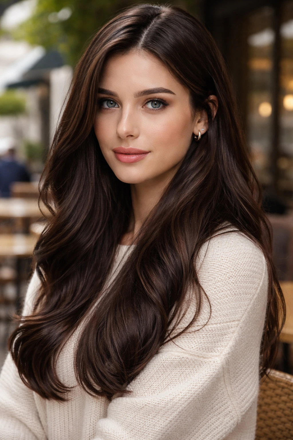 Real person with deep cool chestnut hair outdoors