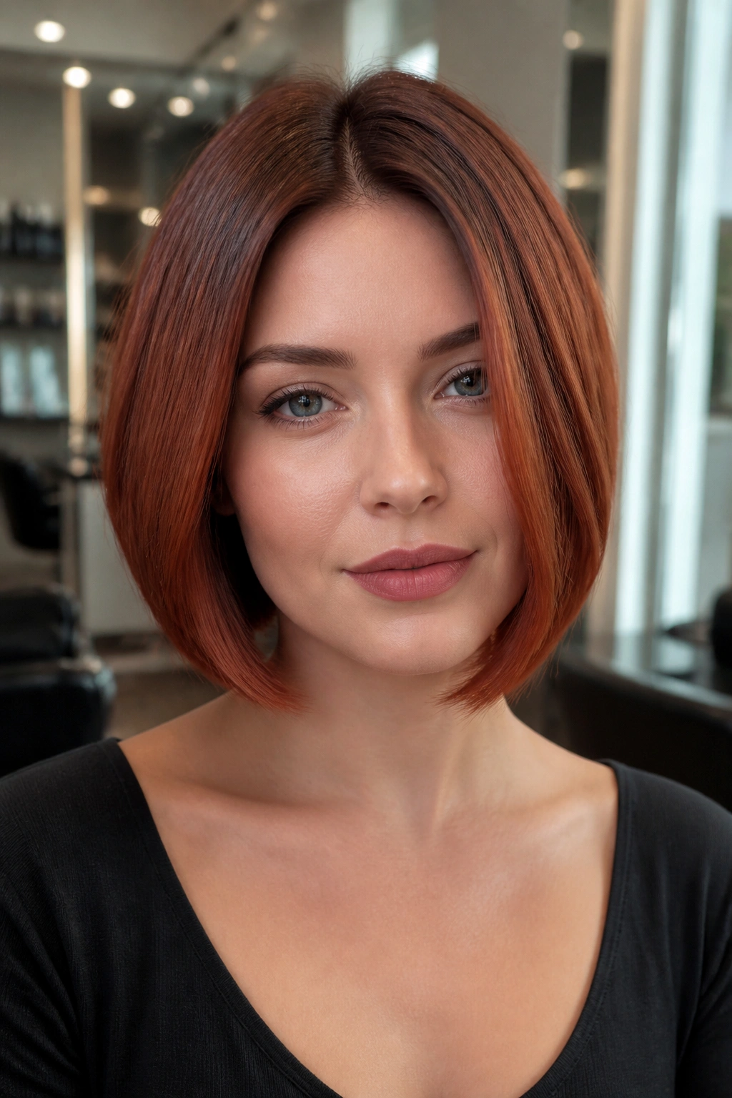 Close-up of a real person with a deep copper bob and root shadow.