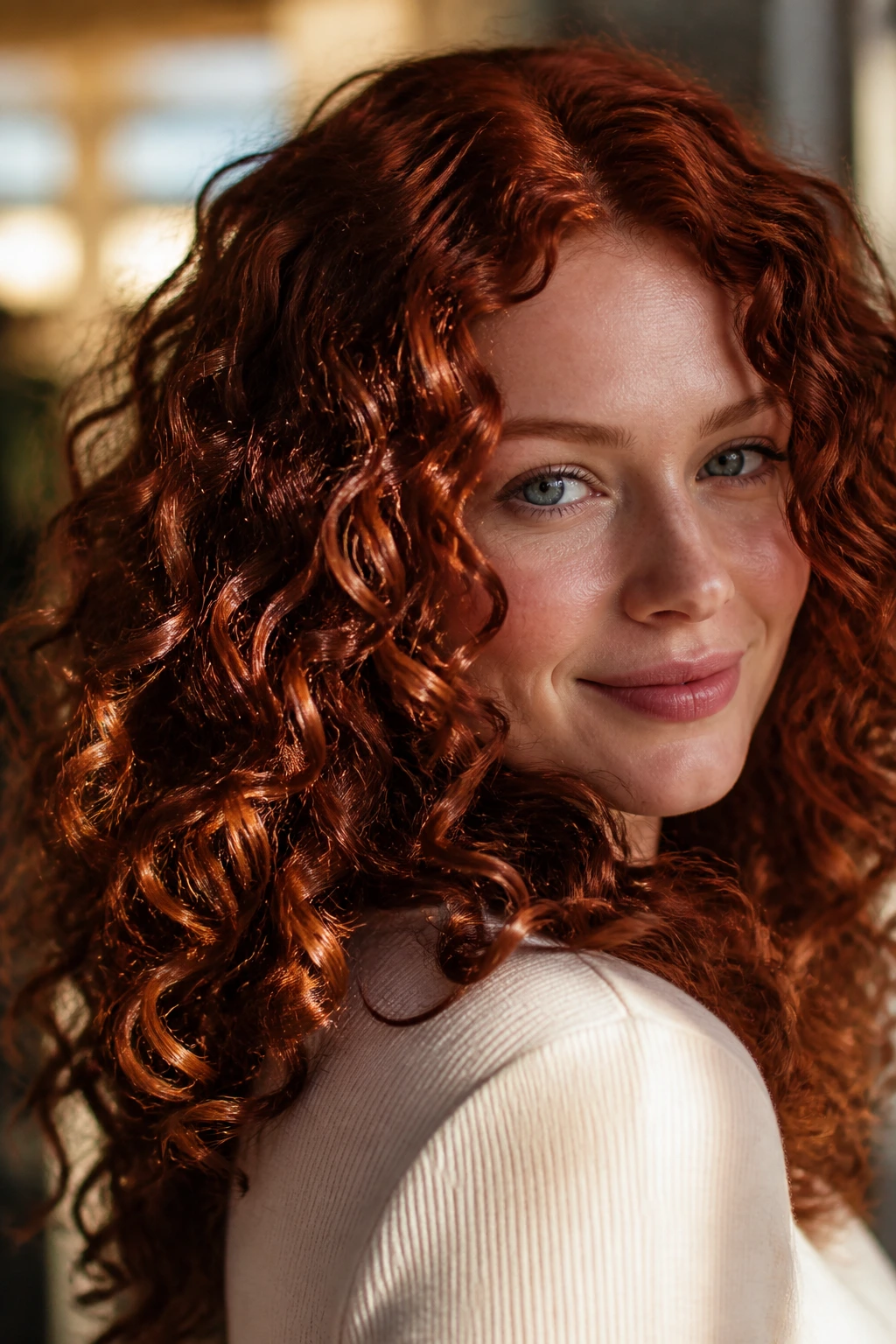 Close-up of a real person with deep copper curls
