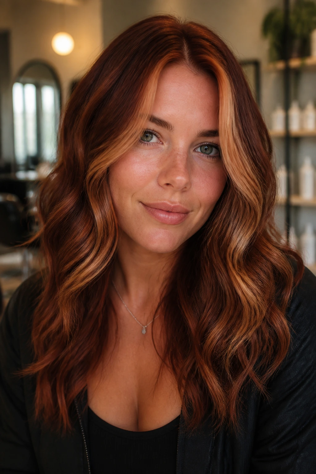 Close-up of real woman with deep copper base and face-framing ribbons in warm salon light
