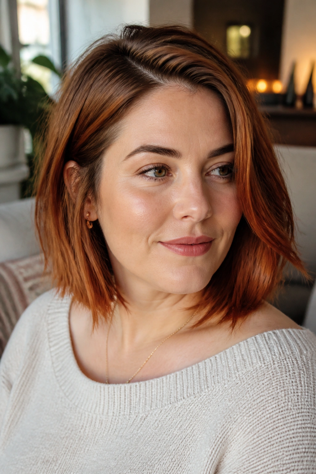 Close-up portrait of a real woman with deep copper lob and soft side part in warm window light