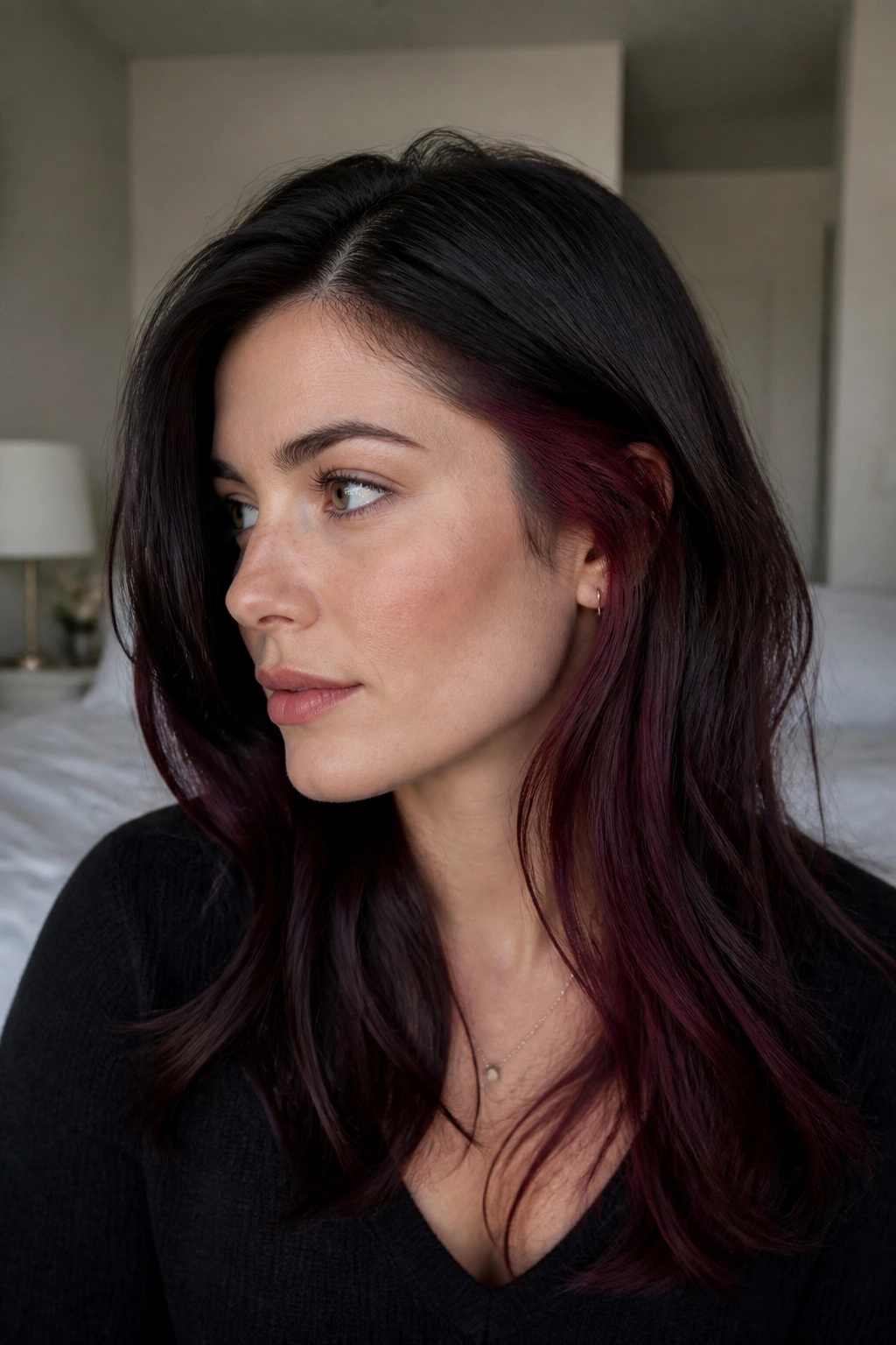 Close-up of a real woman showing cranberry peekaboo panels under black hair