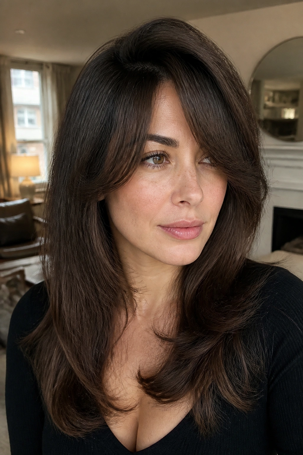 Close-up portrait of a real woman with deep side-part curtain bangs