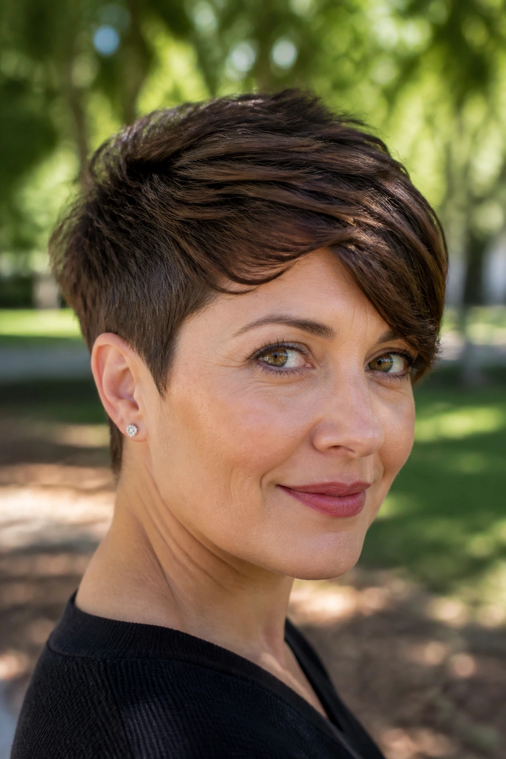 Close-up portrait of a real woman with a Deep-Curve Side-Sweep Pixie