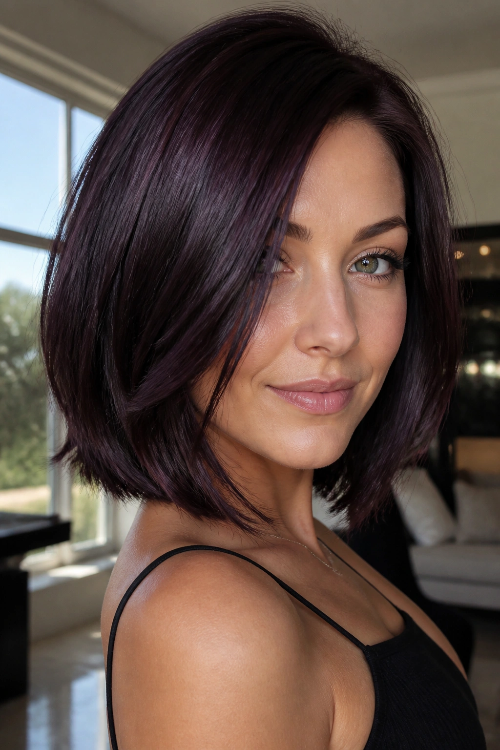 Medium close-up of a person with deep eggplant hair in a bob