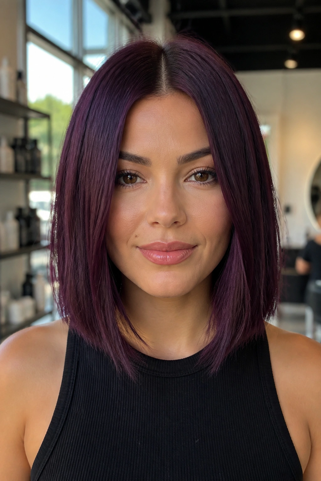 Portrait of woman with deep eggplant lob and center part