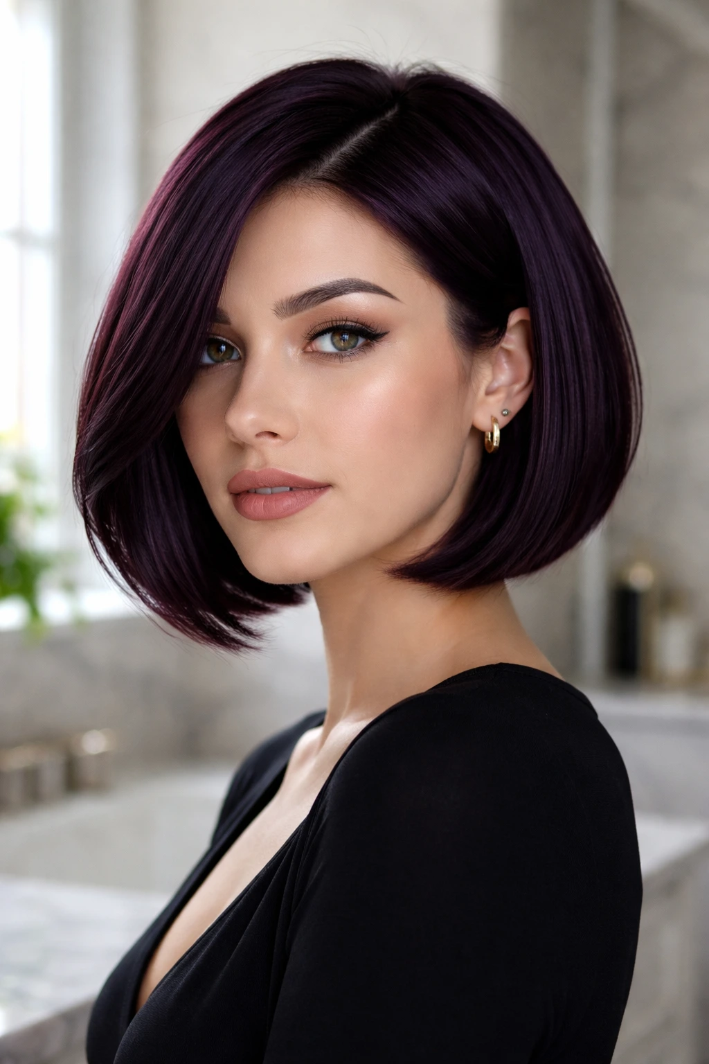 Close-up portrait of a real person with deep eggplant solid hair in a bob.