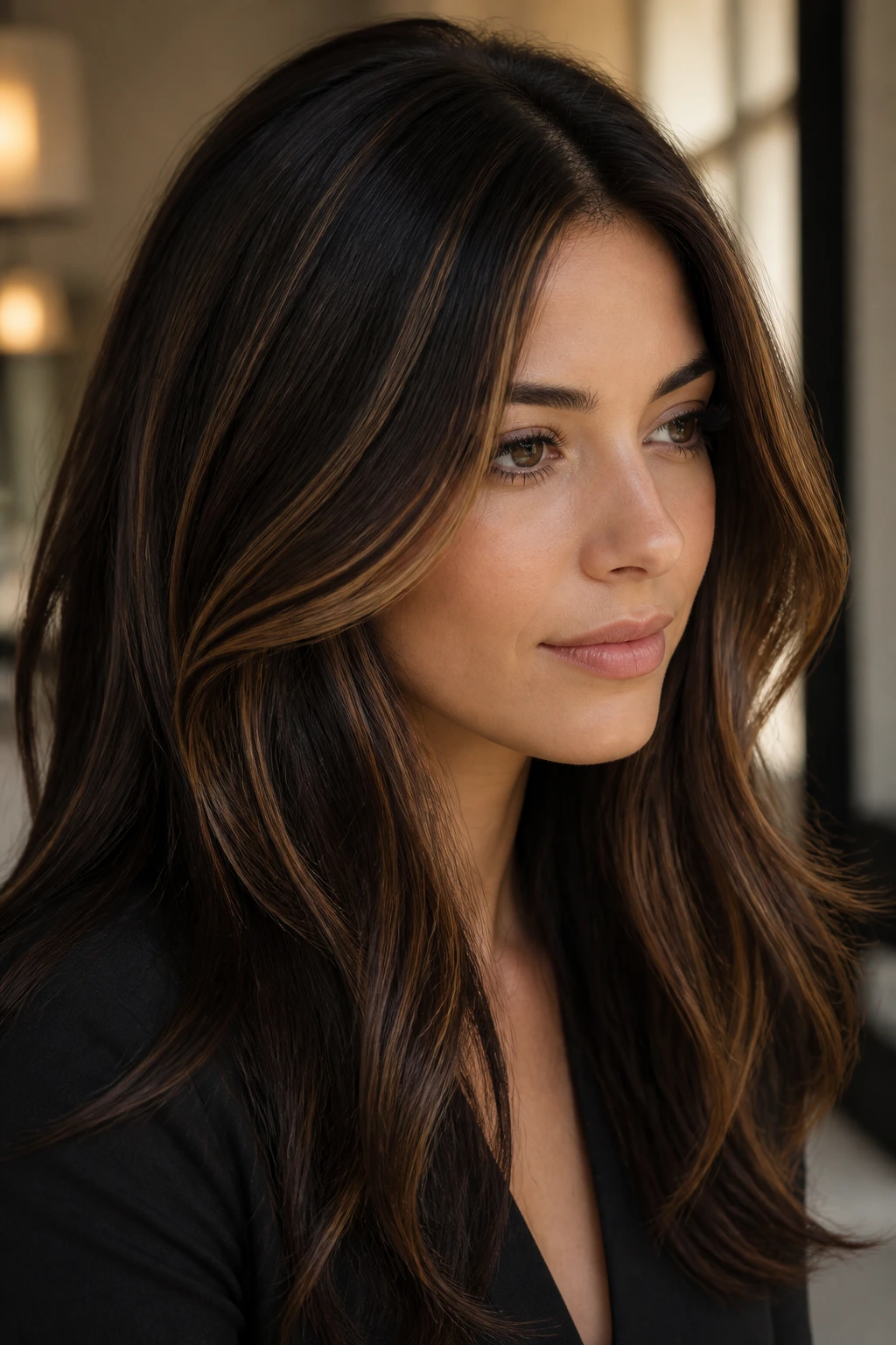Close-up of a real woman with deep espresso hair and fine caramel veils around the face