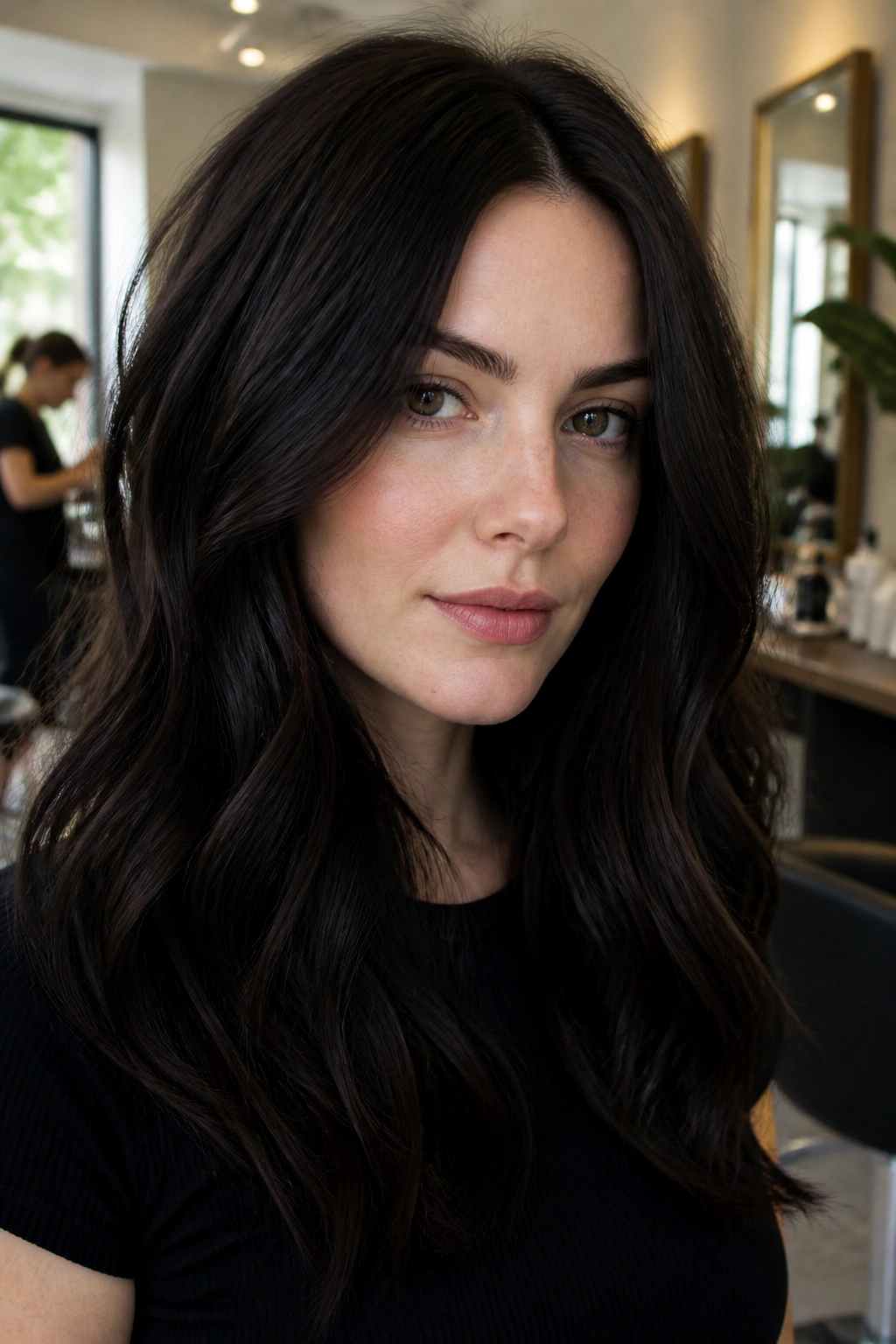 Close-up of a real person with deep espresso chocolate hair and cool brunette tones in natural salon light