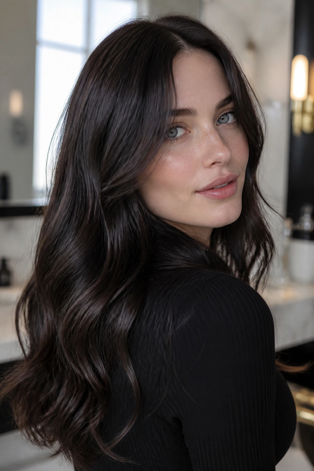Close-up portrait of deep espresso glossy hair on cool-toned skin
