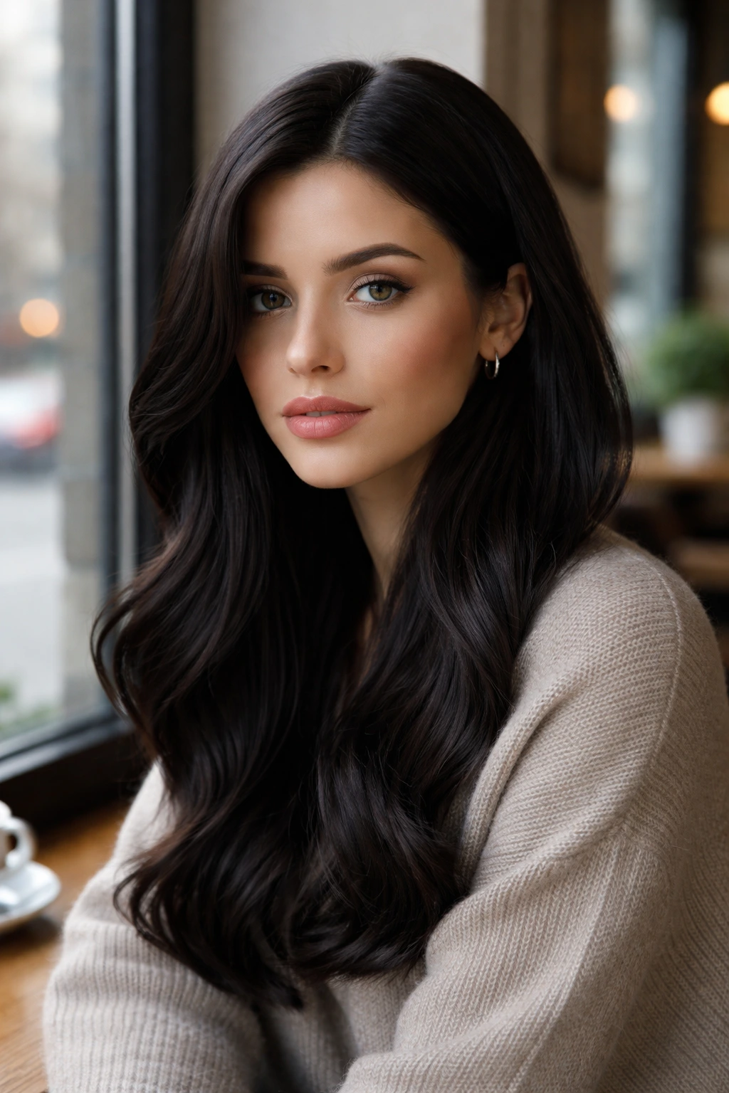 Close-up portrait of a person with Deep Espresso cool-toned hair in cafe window light